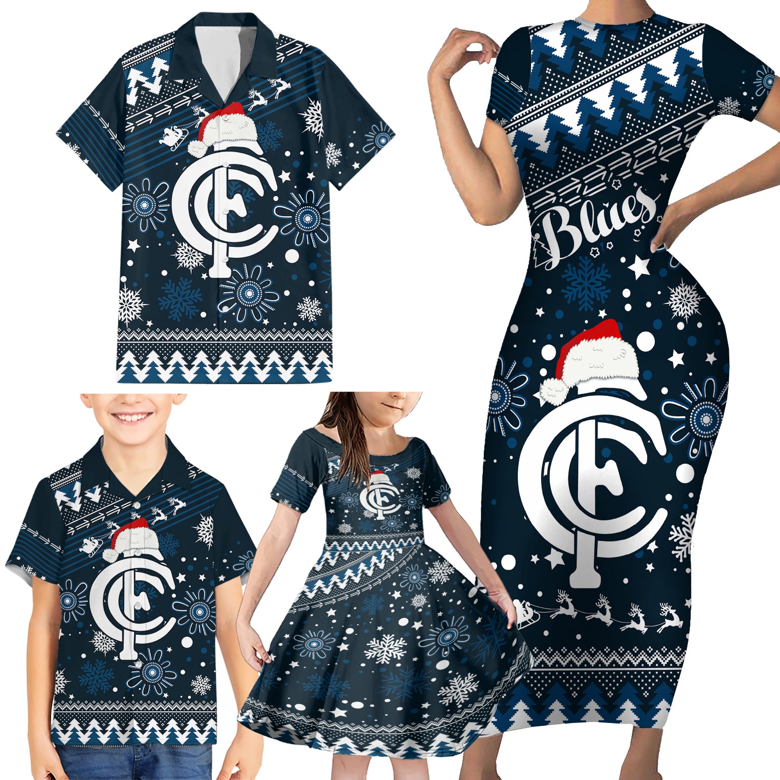 custom-carlton-blues-football-family-matching-short-sleeve-bodycon-dress-and-hawaiian-shirt-christmas-vibe-2023