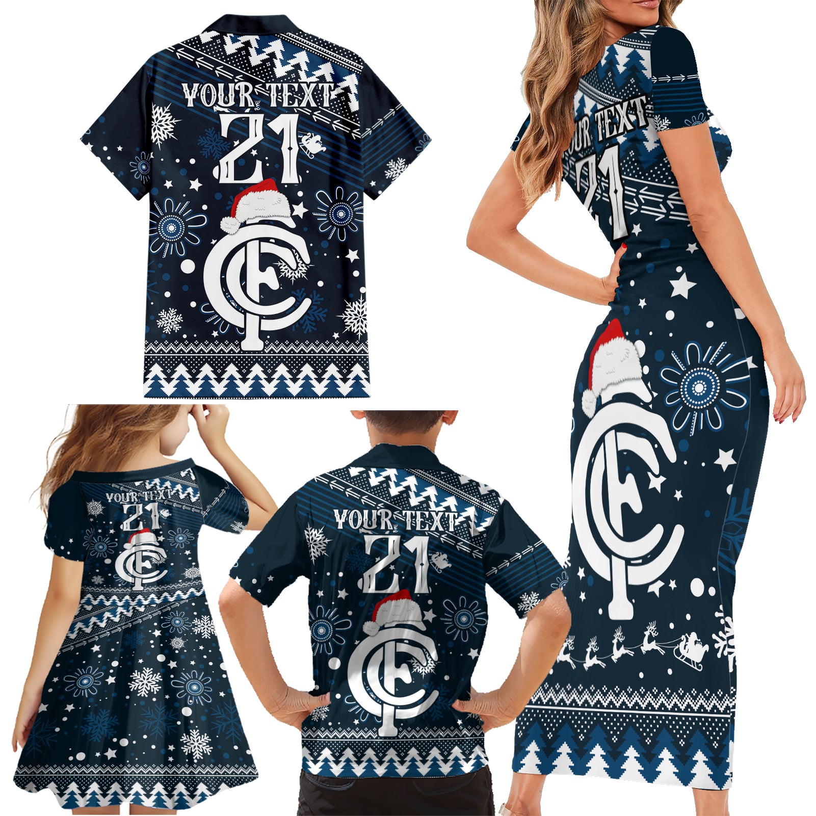 custom-carlton-blues-football-family-matching-short-sleeve-bodycon-dress-and-hawaiian-shirt-christmas-vibe-2023