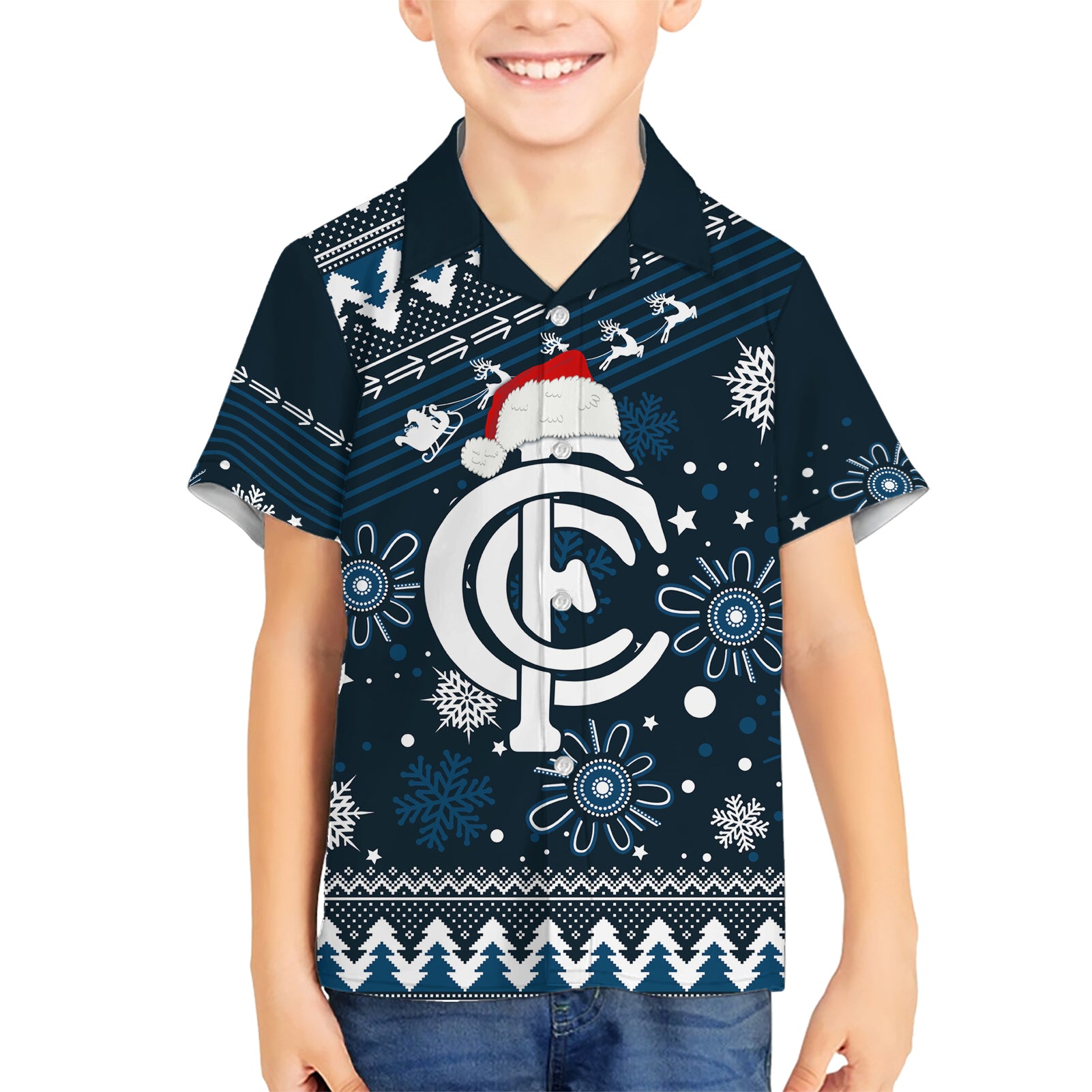 custom-carlton-blues-football-family-matching-short-sleeve-bodycon-dress-and-hawaiian-shirt-christmas-vibe-2023