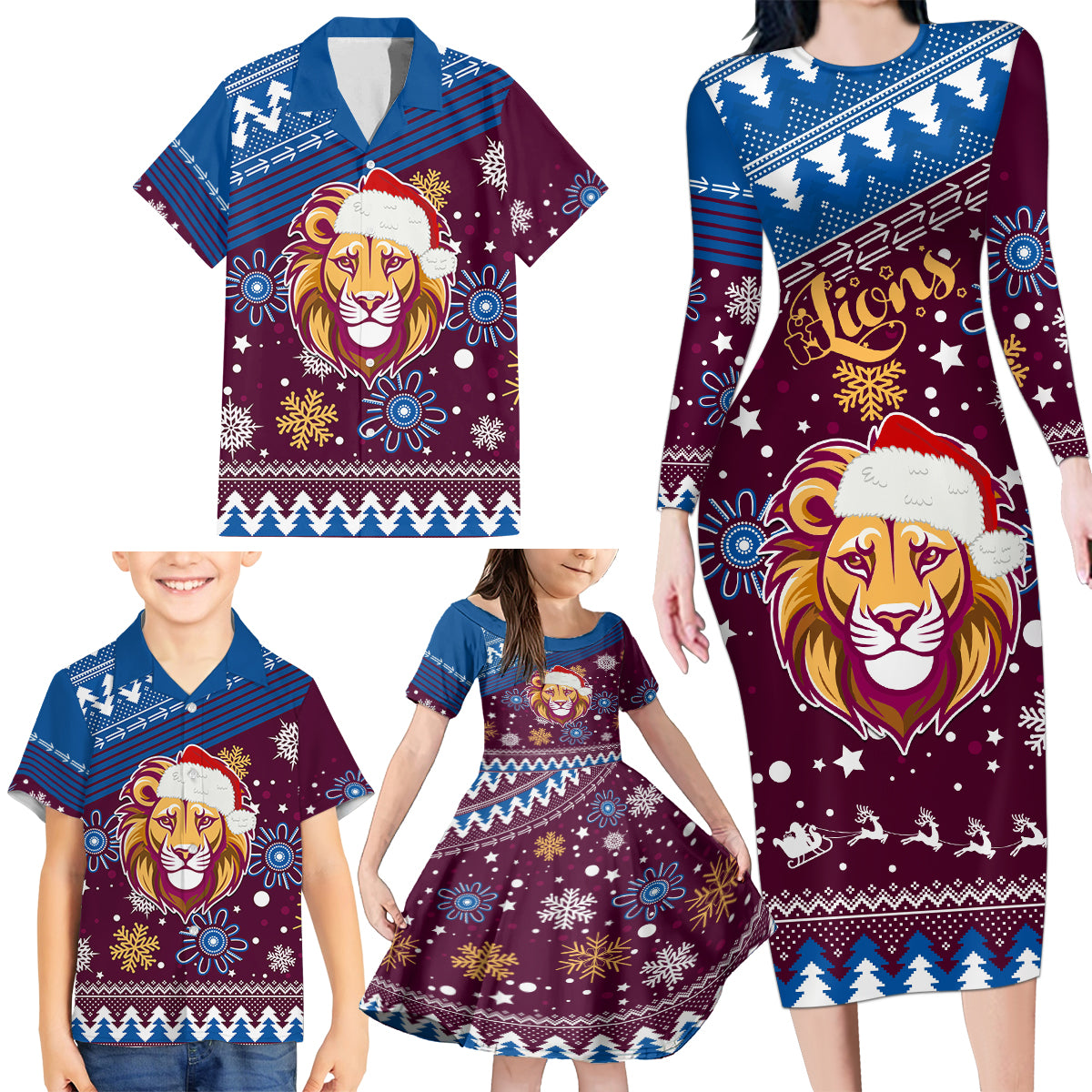 custom-lions-football-family-matching-long-sleeve-bodycon-dress-and-hawaiian-shirt-christmas-vibe-2023