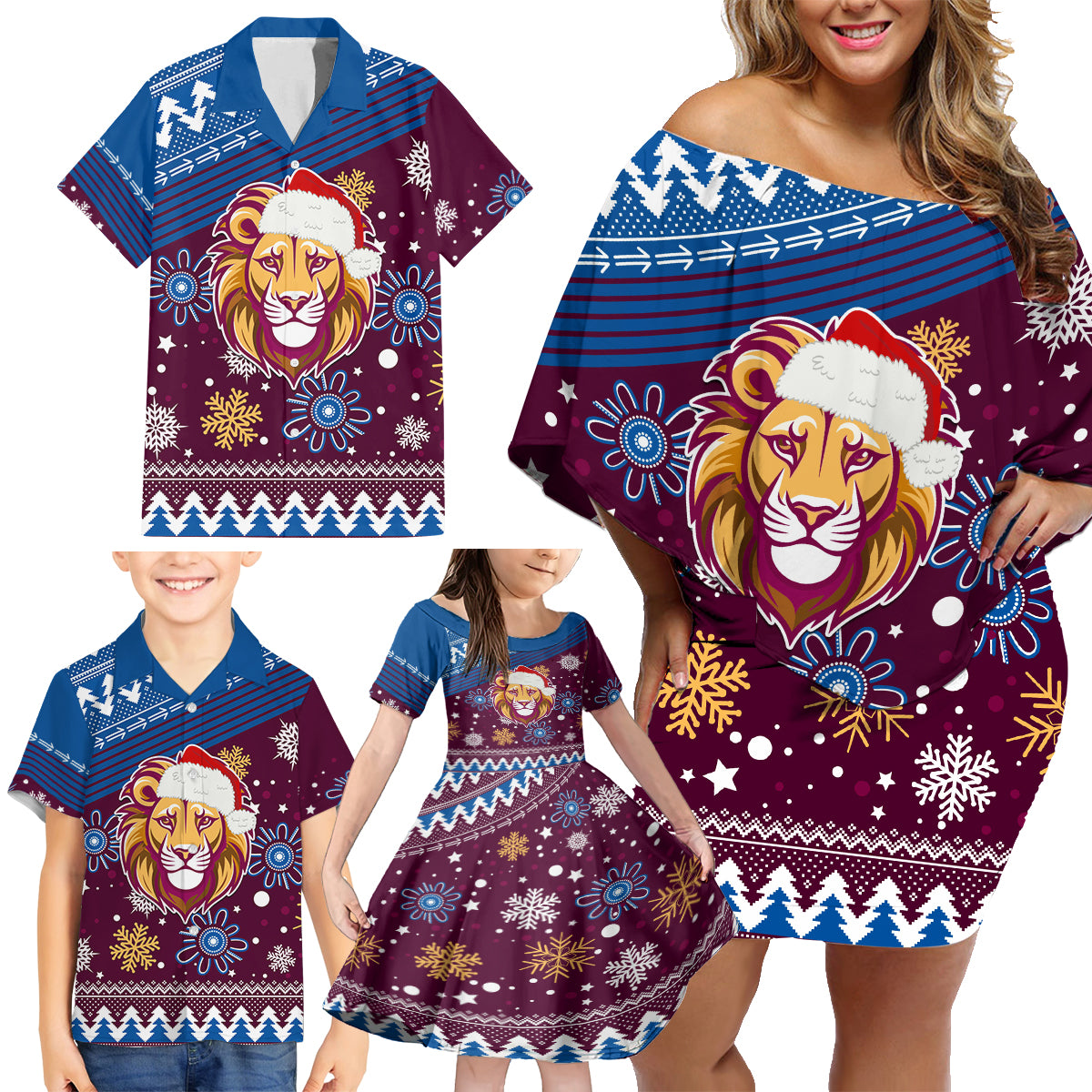 custom-lions-football-family-matching-off-shoulder-short-dress-and-hawaiian-shirt-christmas-vibe-2023