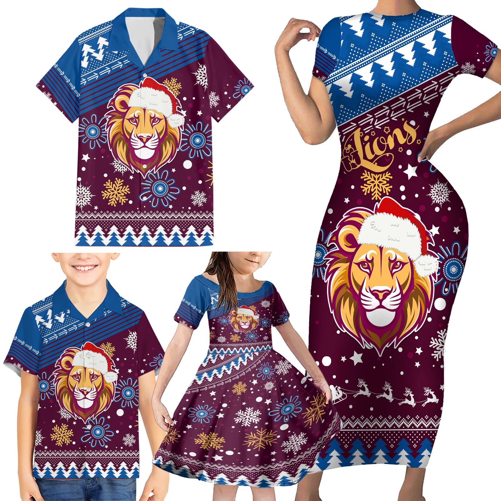 custom-lions-football-family-matching-short-sleeve-bodycon-dress-and-hawaiian-shirt-christmas-vibe-2023