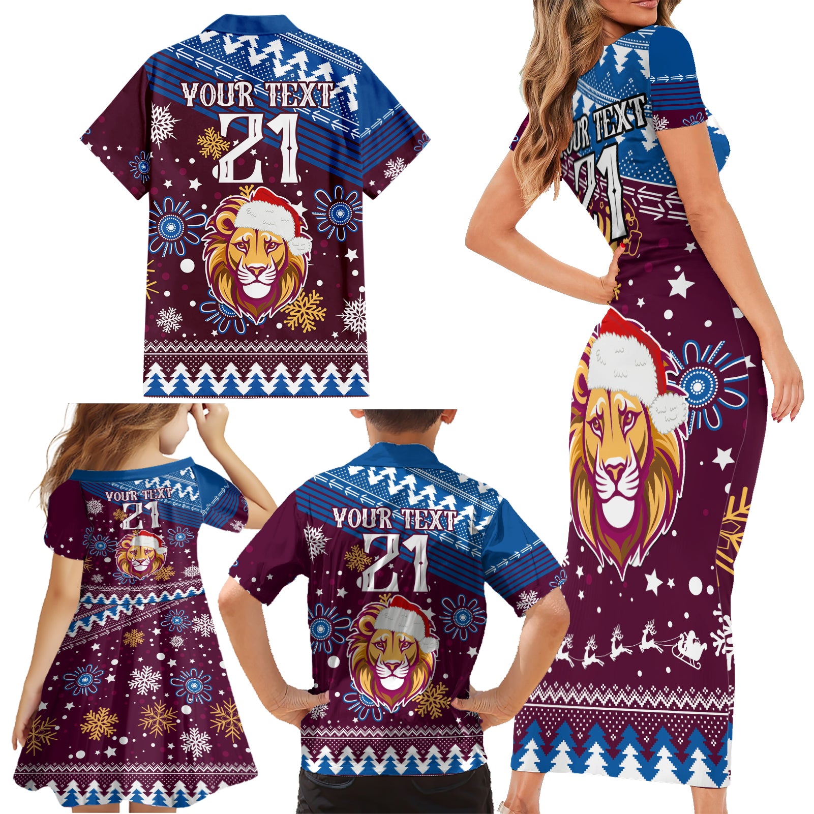 custom-lions-football-family-matching-short-sleeve-bodycon-dress-and-hawaiian-shirt-christmas-vibe-2023