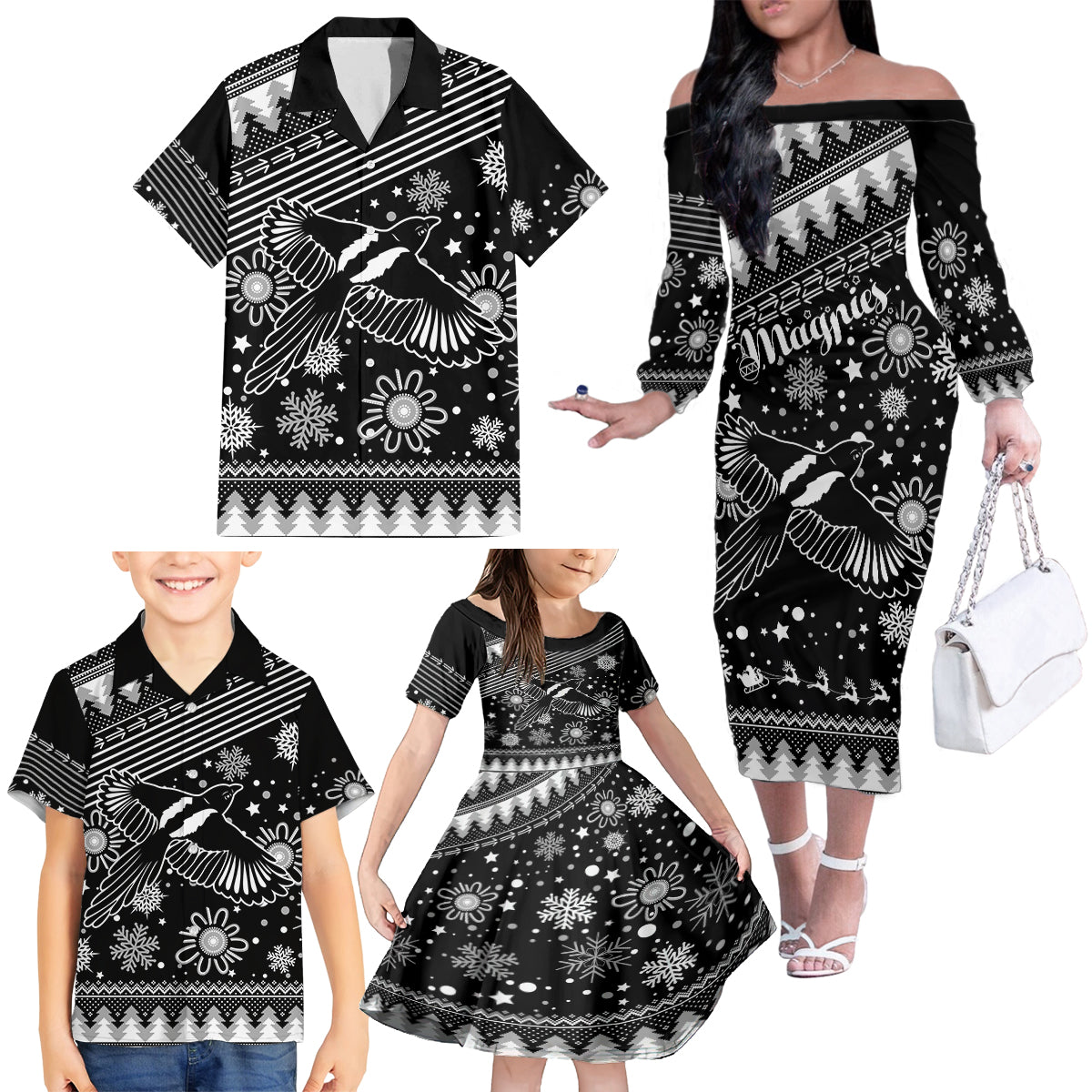 custom-magpies-football-family-matching-off-shoulder-long-sleeve-dress-and-hawaiian-shirt-christmas-vibe-2023