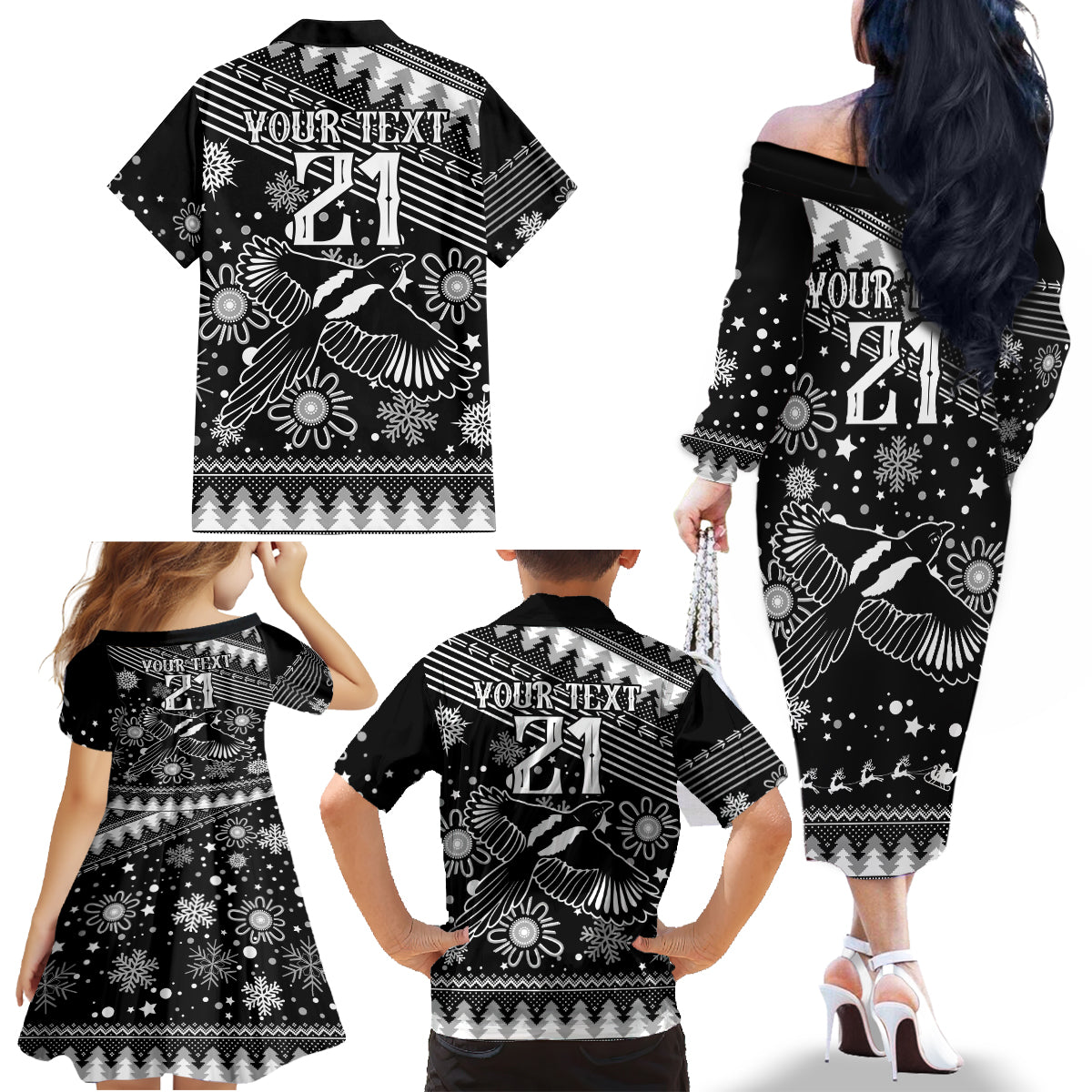 custom-magpies-football-family-matching-off-shoulder-long-sleeve-dress-and-hawaiian-shirt-christmas-vibe-2023