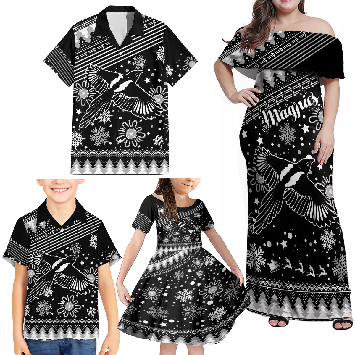 custom-magpies-football-family-matching-off-shoulder-maxi-dress-and-hawaiian-shirt-christmas-vibe-2023