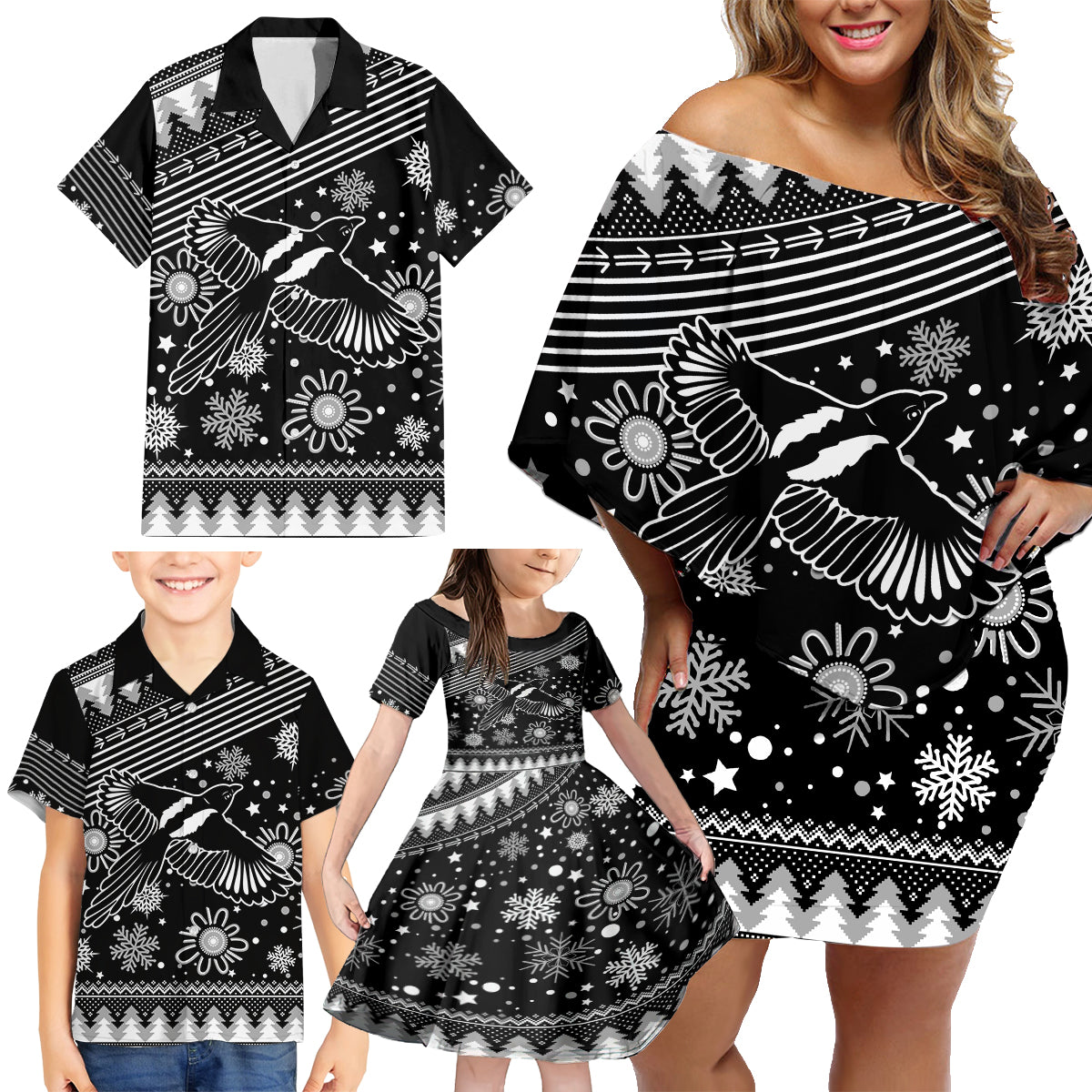 custom-magpies-football-family-matching-off-shoulder-short-dress-and-hawaiian-shirt-christmas-vibe-2023