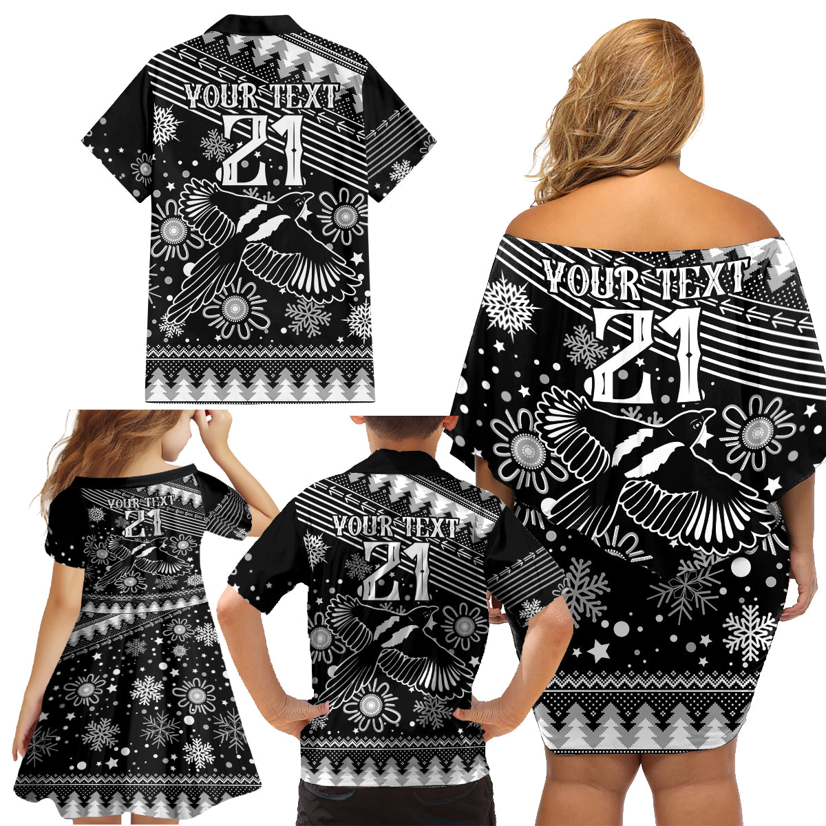 custom-magpies-football-family-matching-off-shoulder-short-dress-and-hawaiian-shirt-christmas-vibe-2023