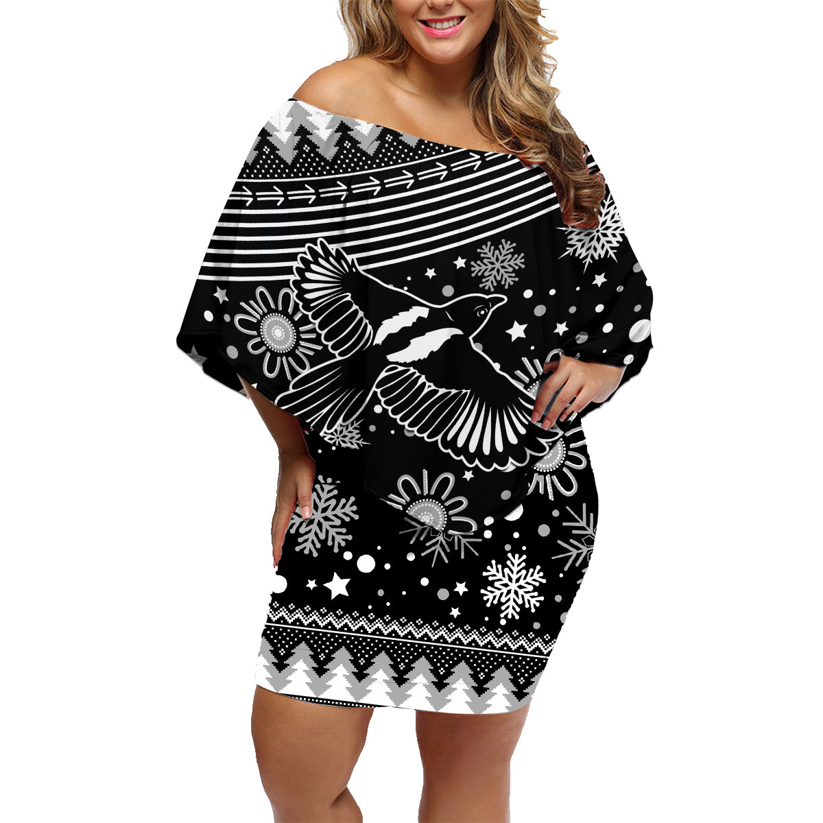 custom-magpies-football-family-matching-off-shoulder-short-dress-and-hawaiian-shirt-christmas-vibe-2023