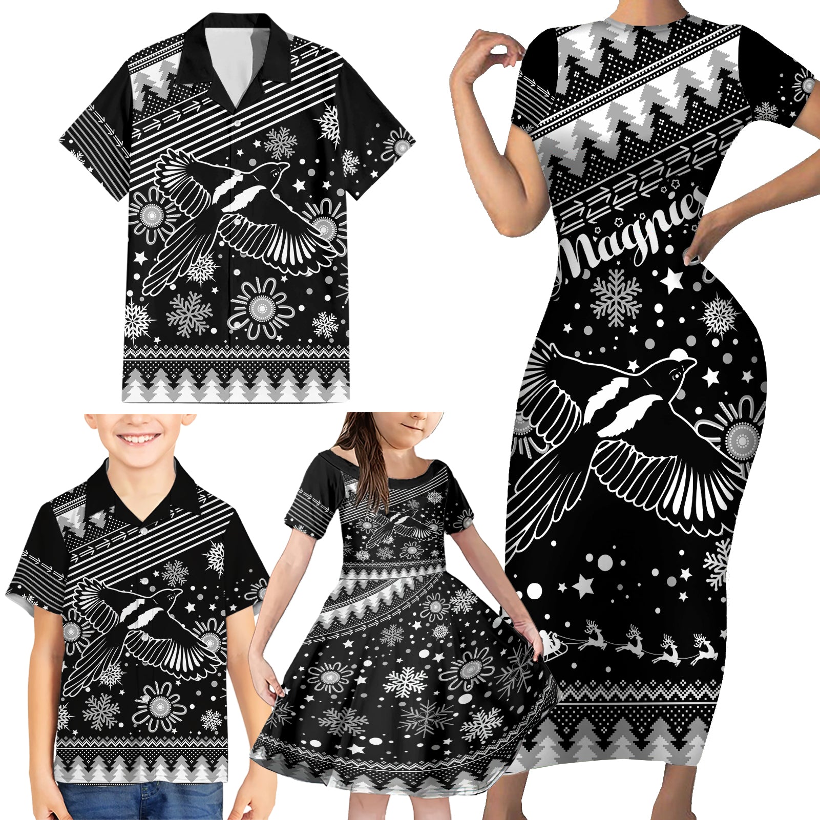 custom-magpies-football-family-matching-short-sleeve-bodycon-dress-and-hawaiian-shirt-christmas-vibe-2023