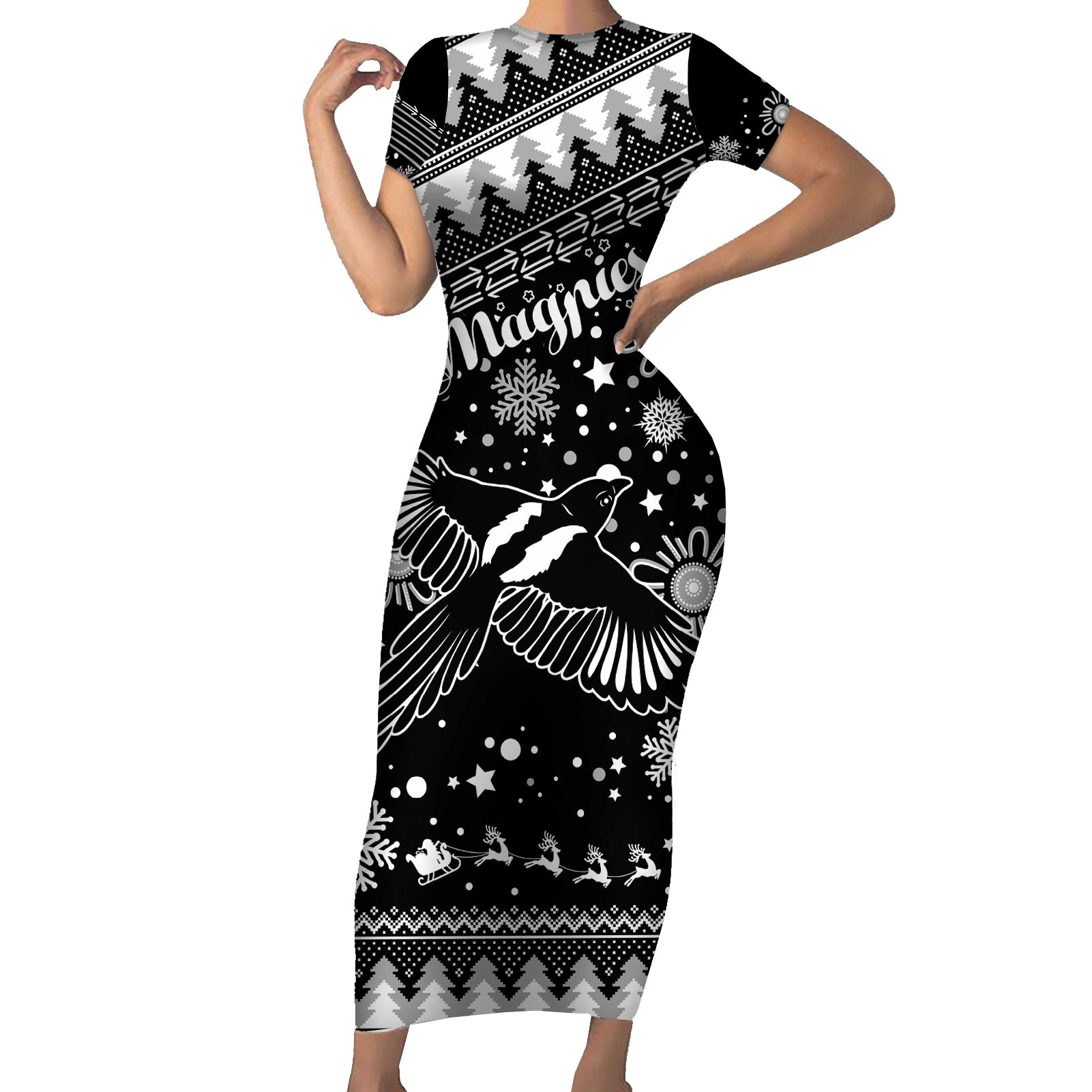 custom-magpies-football-family-matching-short-sleeve-bodycon-dress-and-hawaiian-shirt-christmas-vibe-2023