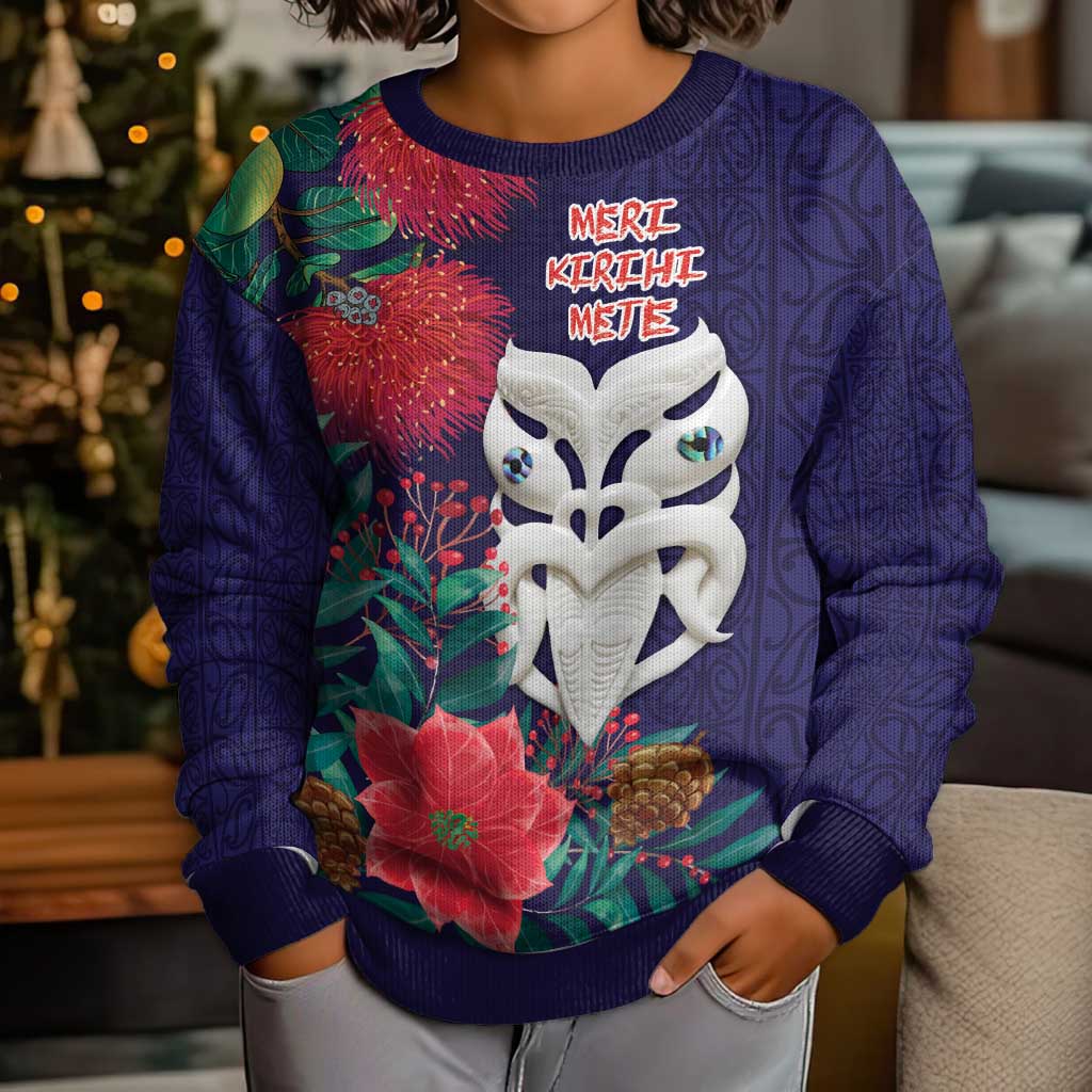 Maori Wheku Meri Kirihimete Personalised Kid Ugly Christmas Sweater All Blue Indigenous Maori Motif - Vibe Hoodie