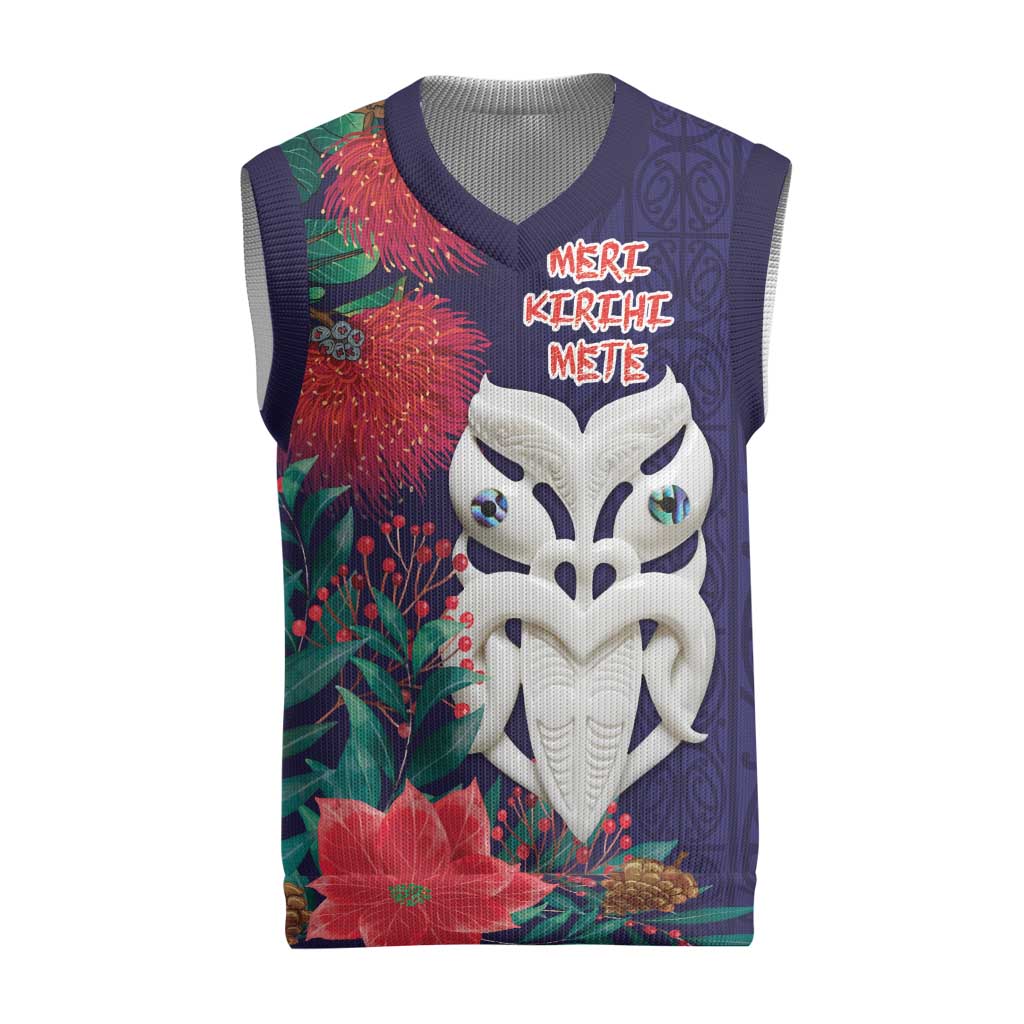 Maori Wheku Meri Kirihimete Personalised Christmas Knitted V-Neck Vest All Blue Indigenous Maori Motif - Vibe Hoodie