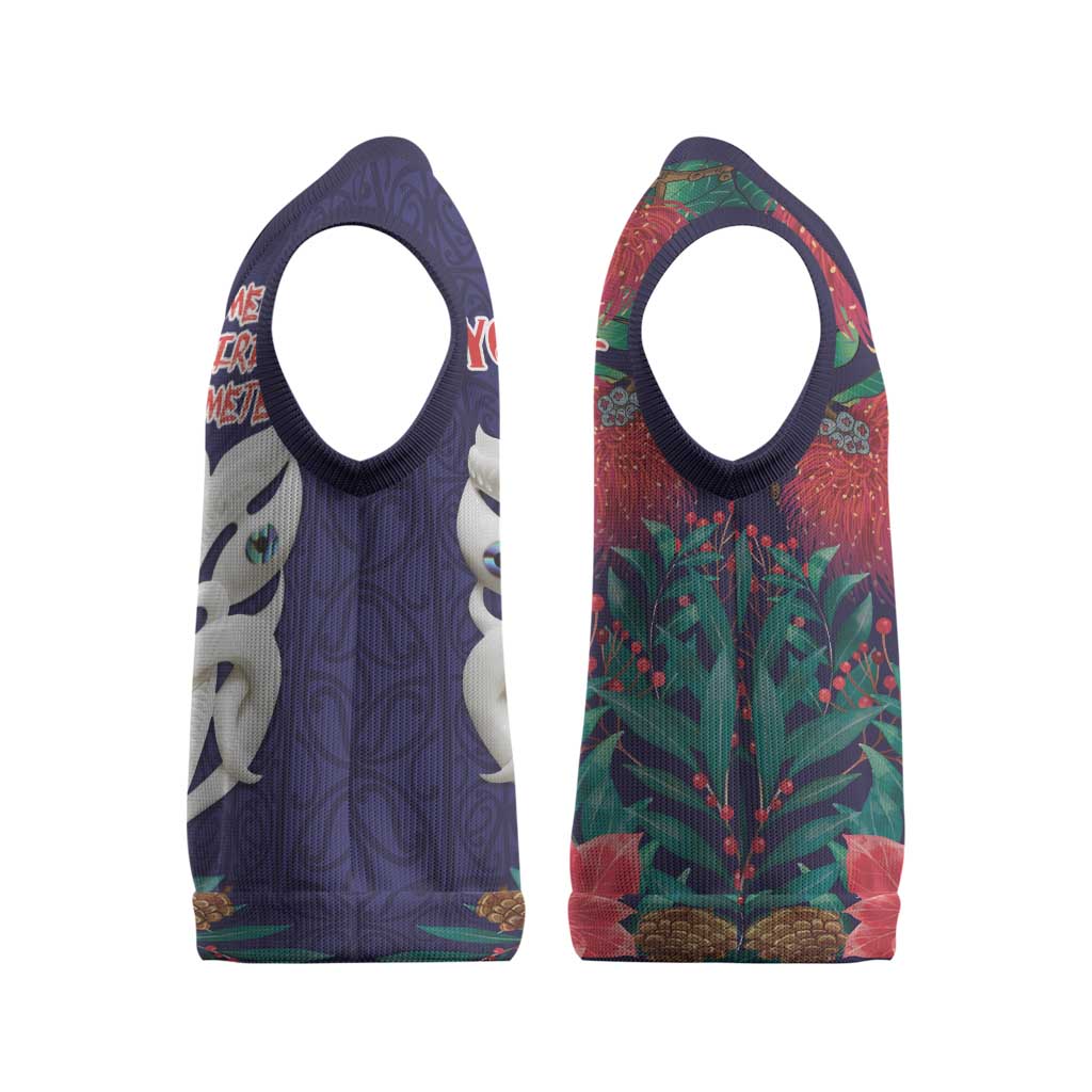 Maori Wheku Meri Kirihimete Personalised Christmas Knitted V-Neck Vest All Blue Indigenous Maori Motif - Vibe Hoodie