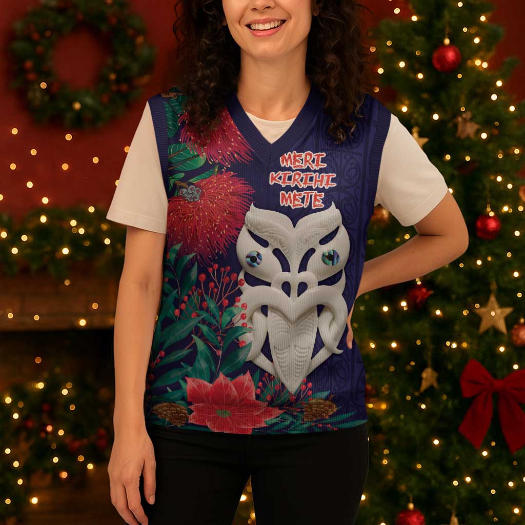 Maori Wheku Meri Kirihimete Personalised Christmas Knitted V-Neck Vest All Blue Indigenous Maori Motif - Vibe Hoodie
