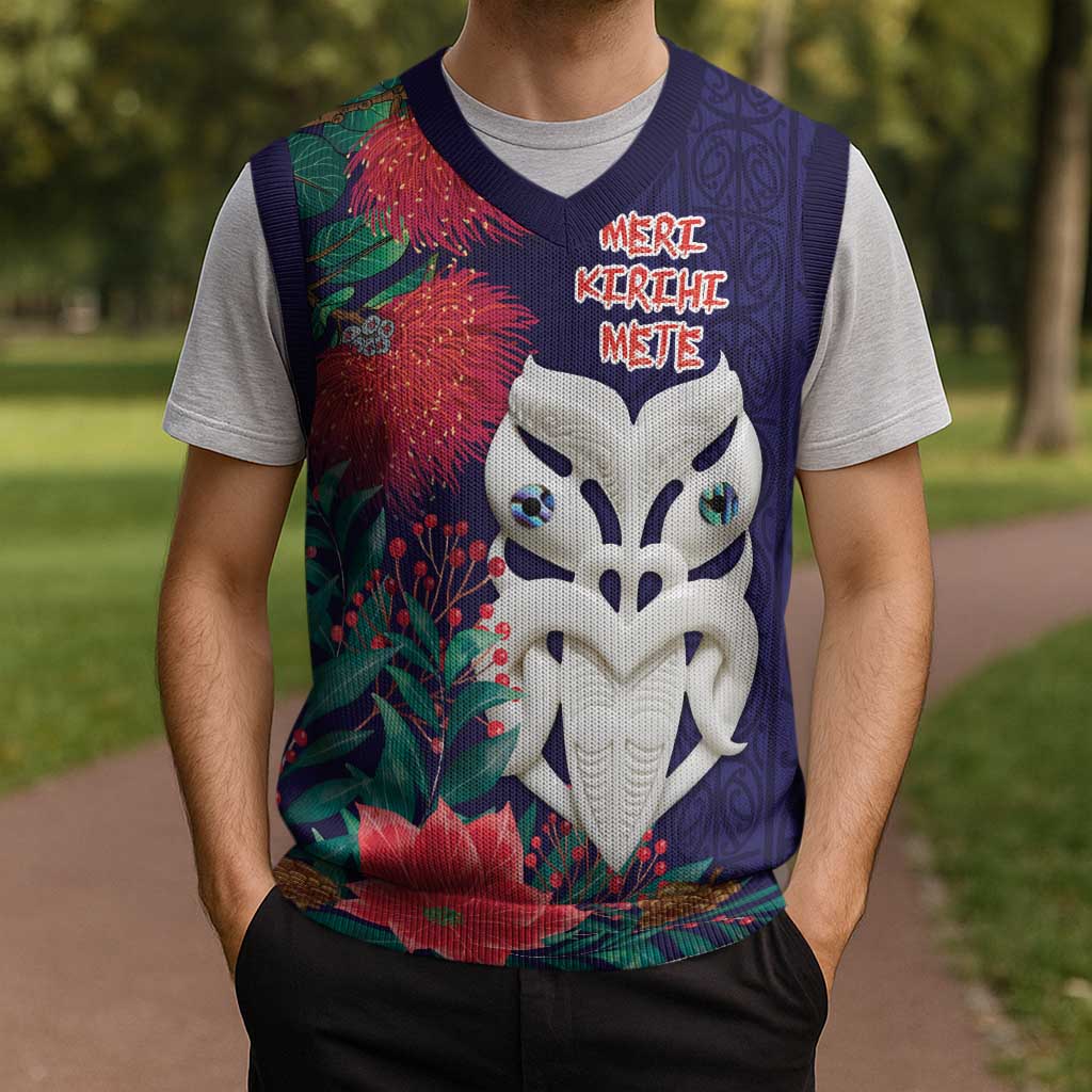 Maori Wheku Meri Kirihimete Personalised Christmas Knitted V-Neck Vest All Blue Indigenous Maori Motif - Vibe Hoodie