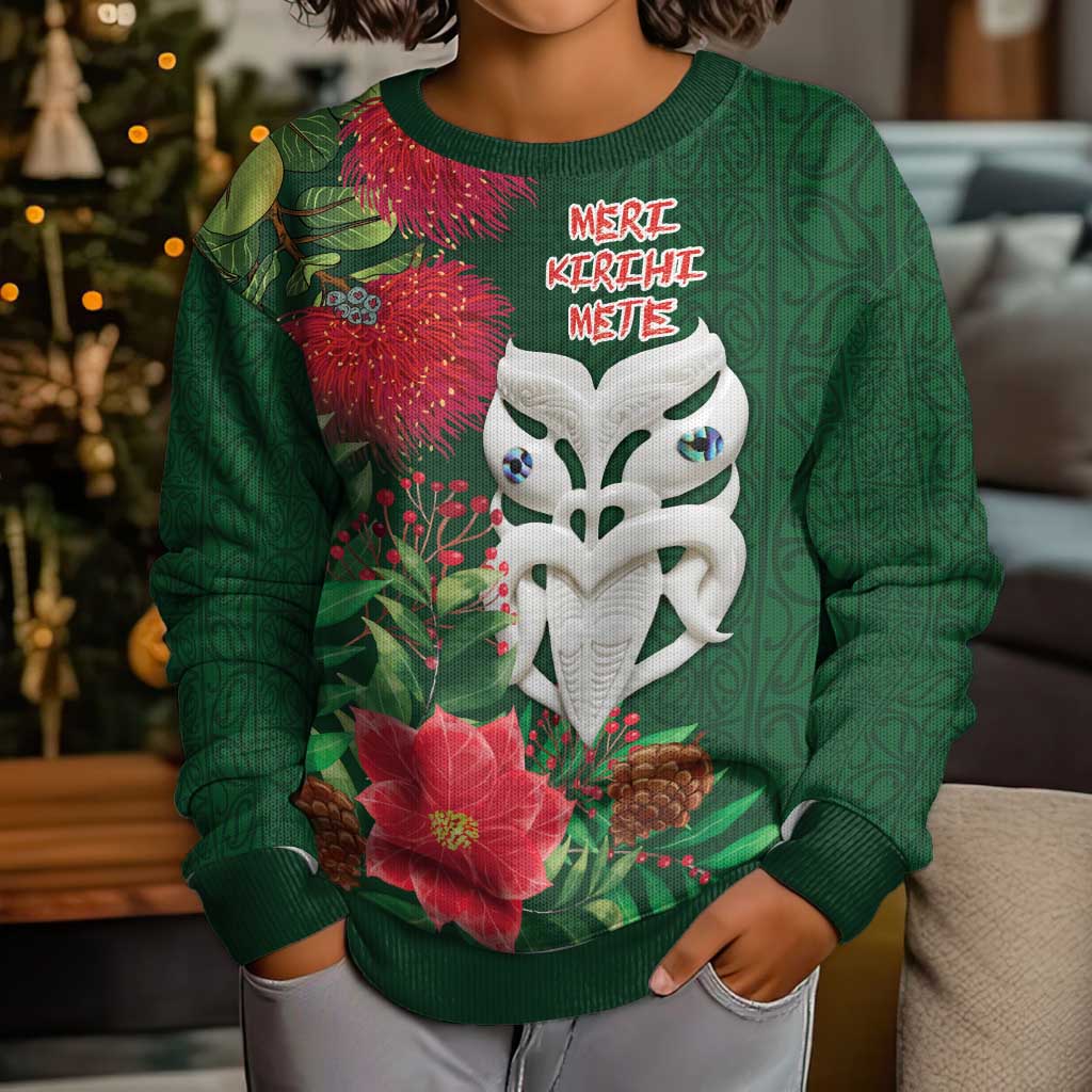 Maori Wheku Meri Kirihimete Personalised Kid Ugly Christmas Sweater All Green Indigenous Maori Motif - Vibe Hoodie
