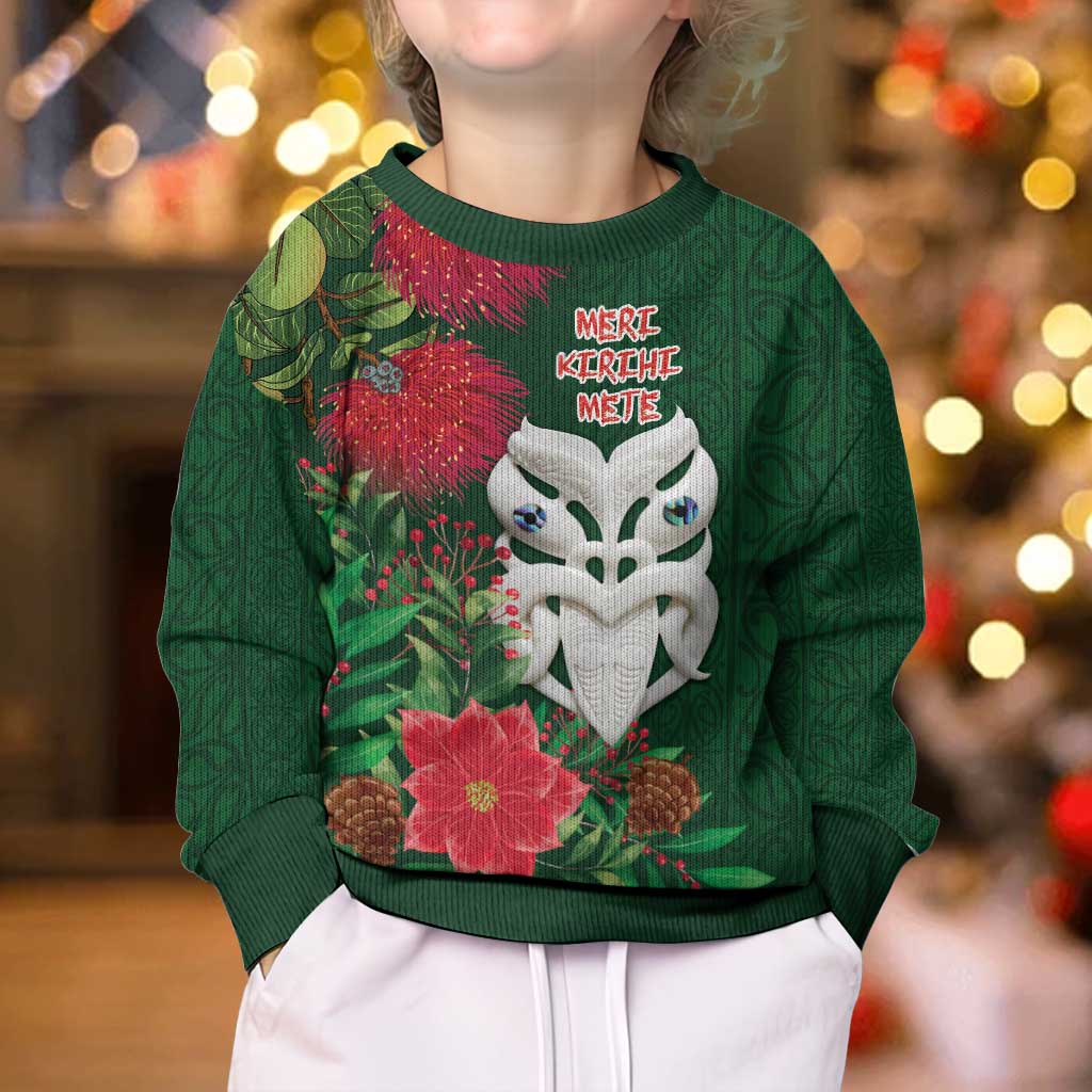 Maori Wheku Meri Kirihimete Personalised Kid Ugly Christmas Sweater All Green Indigenous Maori Motif - Vibe Hoodie