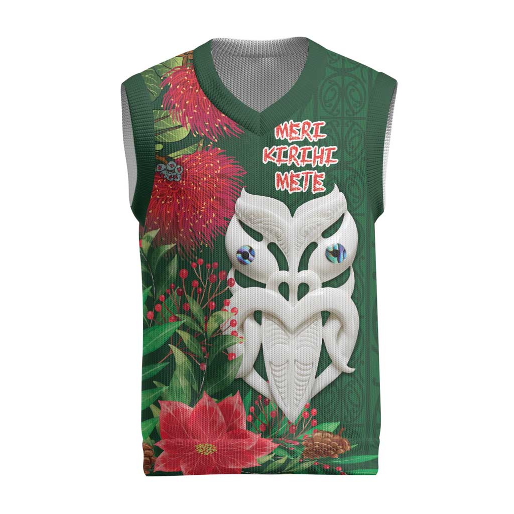 Maori Wheku Meri Kirihimete Personalised Christmas Knitted V-Neck Vest All Green Indigenous Maori Motif - Vibe Hoodie