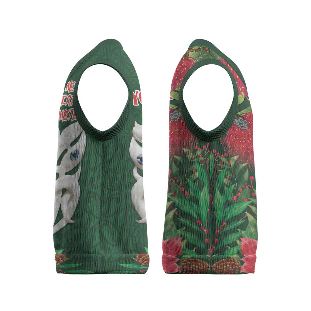 Maori Wheku Meri Kirihimete Personalised Christmas Knitted V-Neck Vest All Green Indigenous Maori Motif - Vibe Hoodie