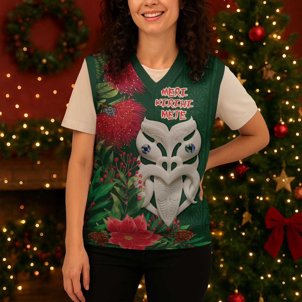 Maori Wheku Meri Kirihimete Personalised Christmas Knitted V-Neck Vest All Green Indigenous Maori Motif - Vibe Hoodie