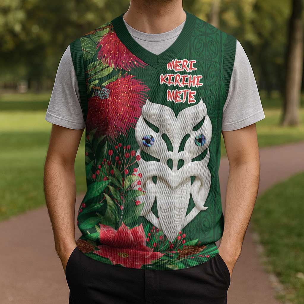 Maori Wheku Meri Kirihimete Personalised Christmas Knitted V-Neck Vest All Green Indigenous Maori Motif - Vibe Hoodie