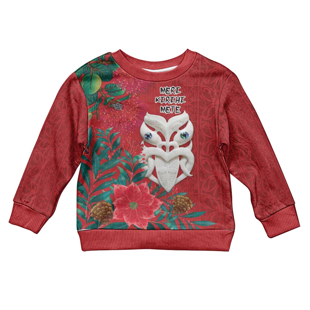 Maori Wheku Meri Kirihimete Personalised Kid Ugly Christmas Sweater All Red Indigenous Maori Motif - Vibe Hoodie