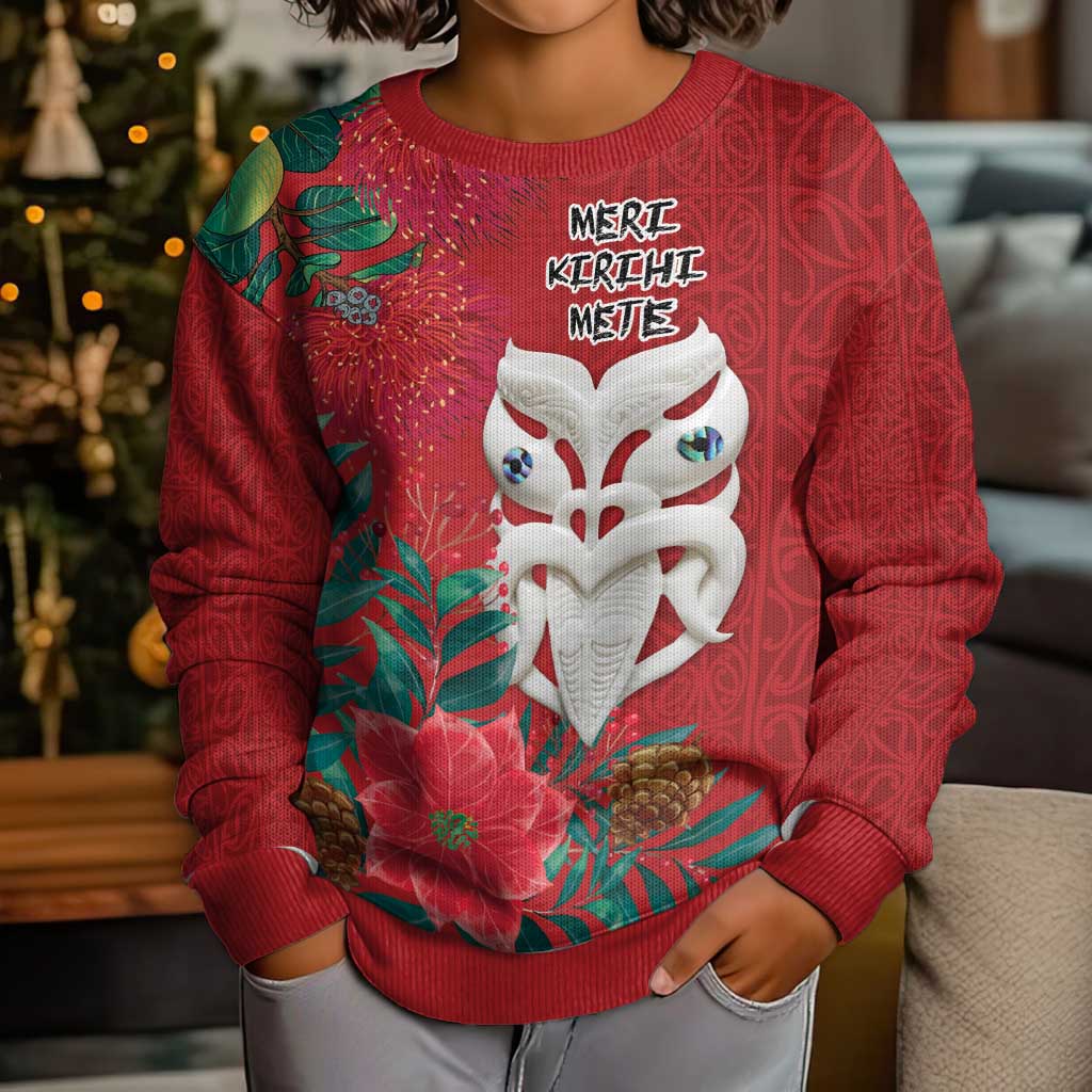 Maori Wheku Meri Kirihimete Personalised Kid Ugly Christmas Sweater All Red Indigenous Maori Motif - Vibe Hoodie