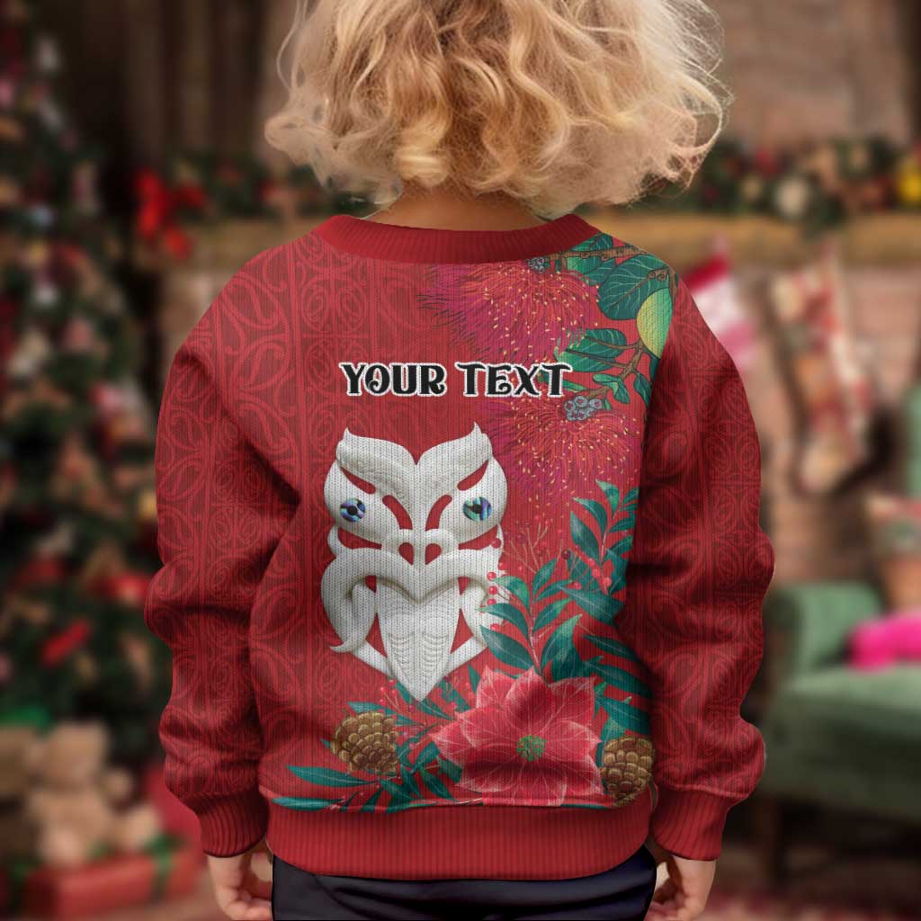 Maori Wheku Meri Kirihimete Personalised Kid Ugly Christmas Sweater All Red Indigenous Maori Motif - Vibe Hoodie