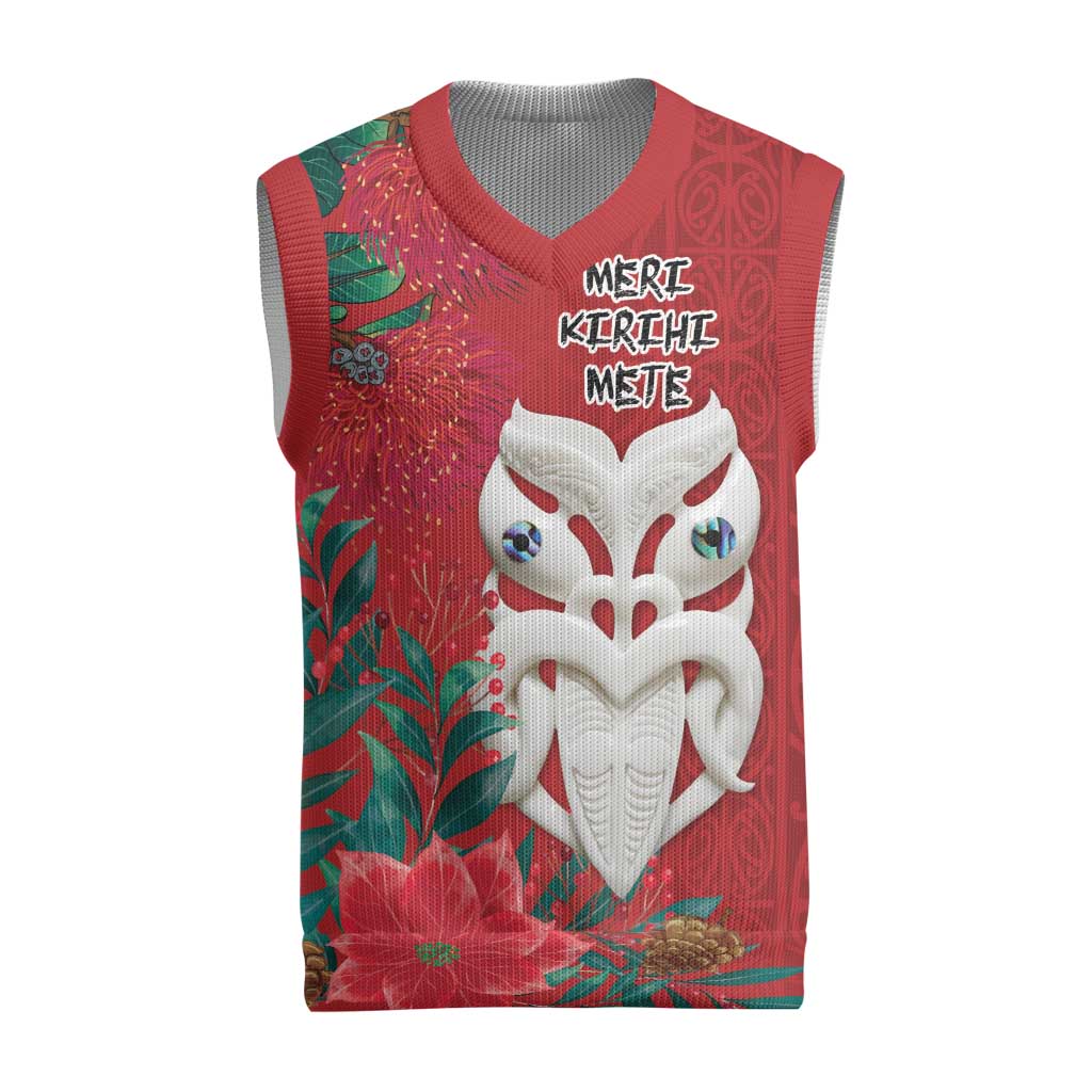 Maori Wheku Meri Kirihimete Personalised Christmas Knitted V-Neck Vest All Red Indigenous Maori Motif - Vibe Hoodie