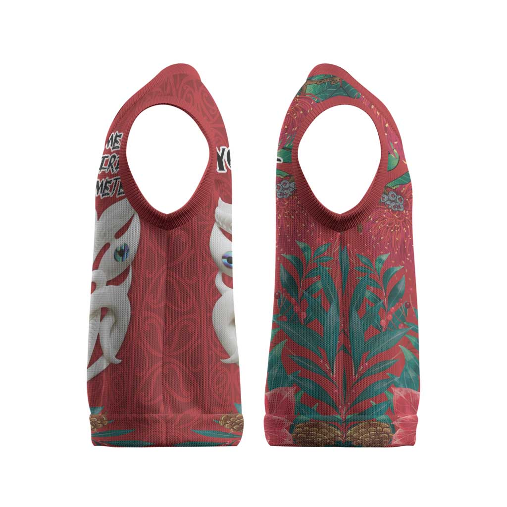 Maori Wheku Meri Kirihimete Personalised Christmas Knitted V-Neck Vest All Red Indigenous Maori Motif - Vibe Hoodie