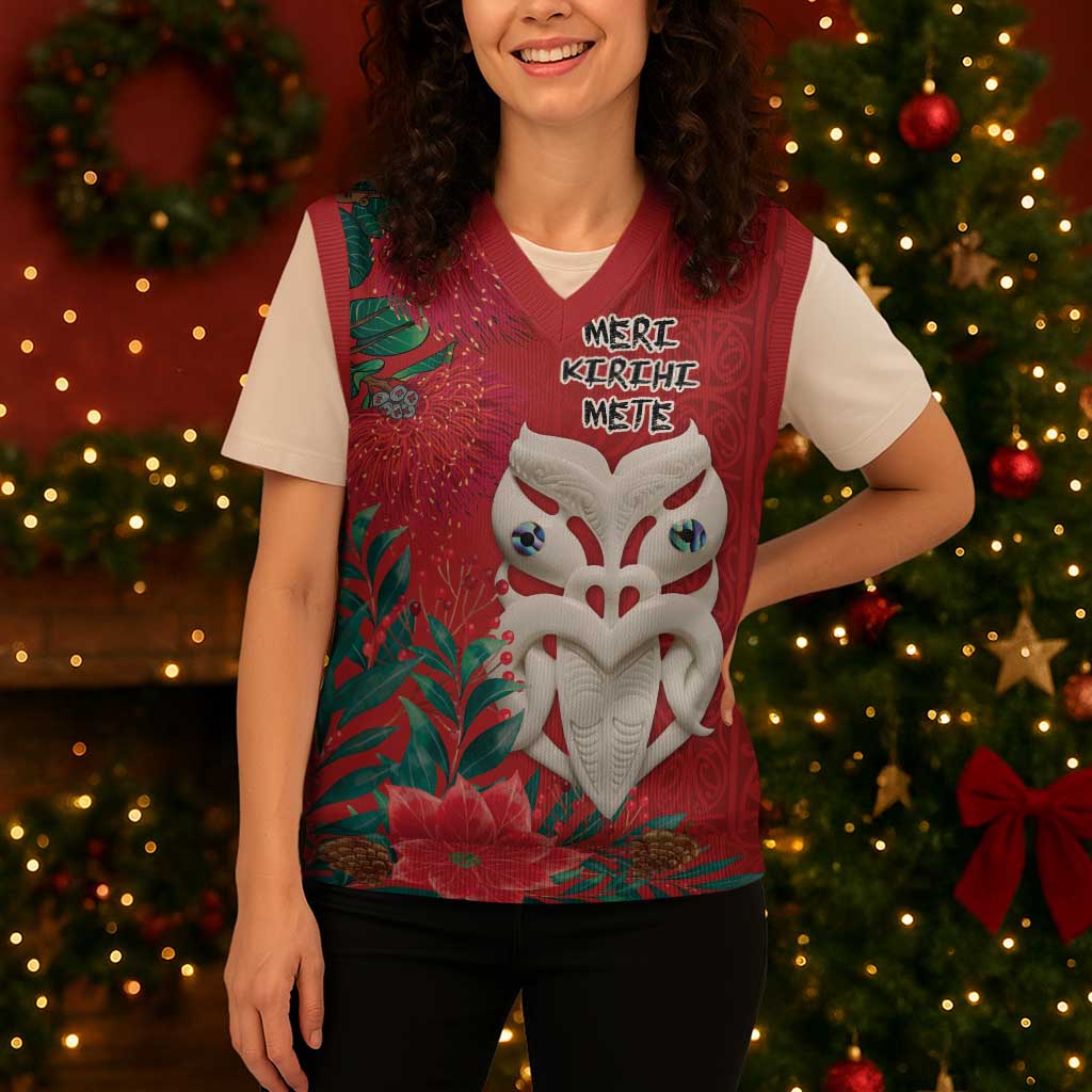 Maori Wheku Meri Kirihimete Personalised Christmas Knitted V-Neck Vest All Red Indigenous Maori Motif - Vibe Hoodie
