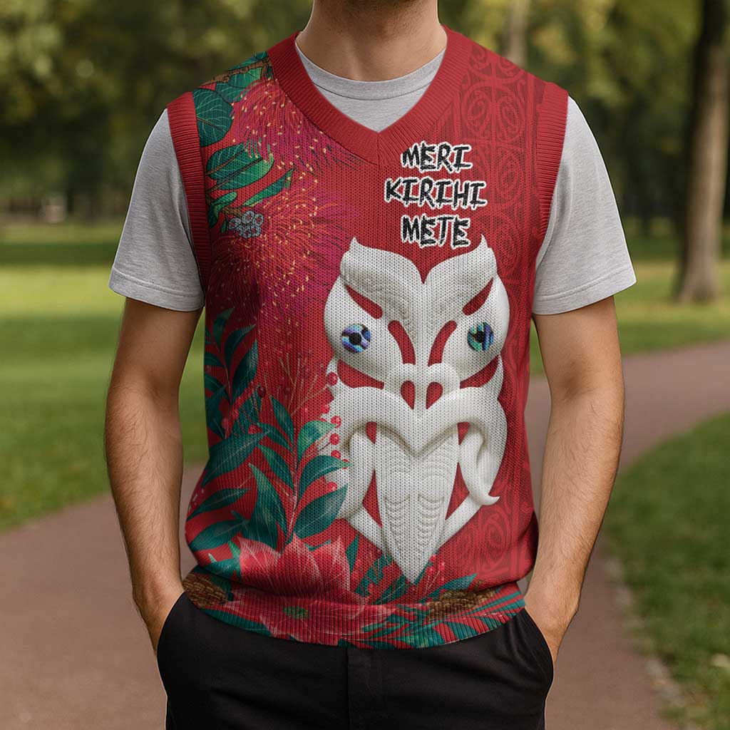 Maori Wheku Meri Kirihimete Personalised Christmas Knitted V-Neck Vest All Red Indigenous Maori Motif - Vibe Hoodie
