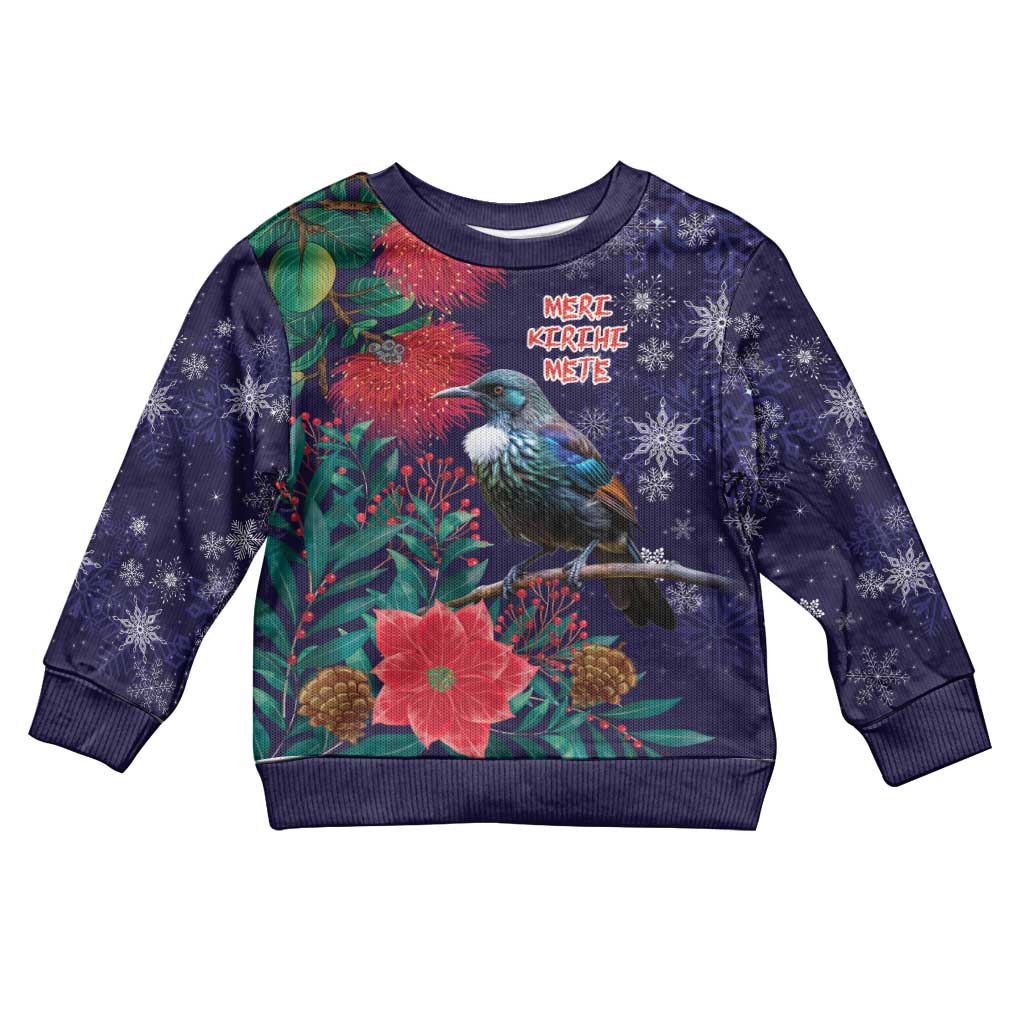 Tui Meri Kirihimete Personalised Kid Ugly Christmas Sweater Pohutukawa Flowers Blue Motif - Vibe Hoodie
