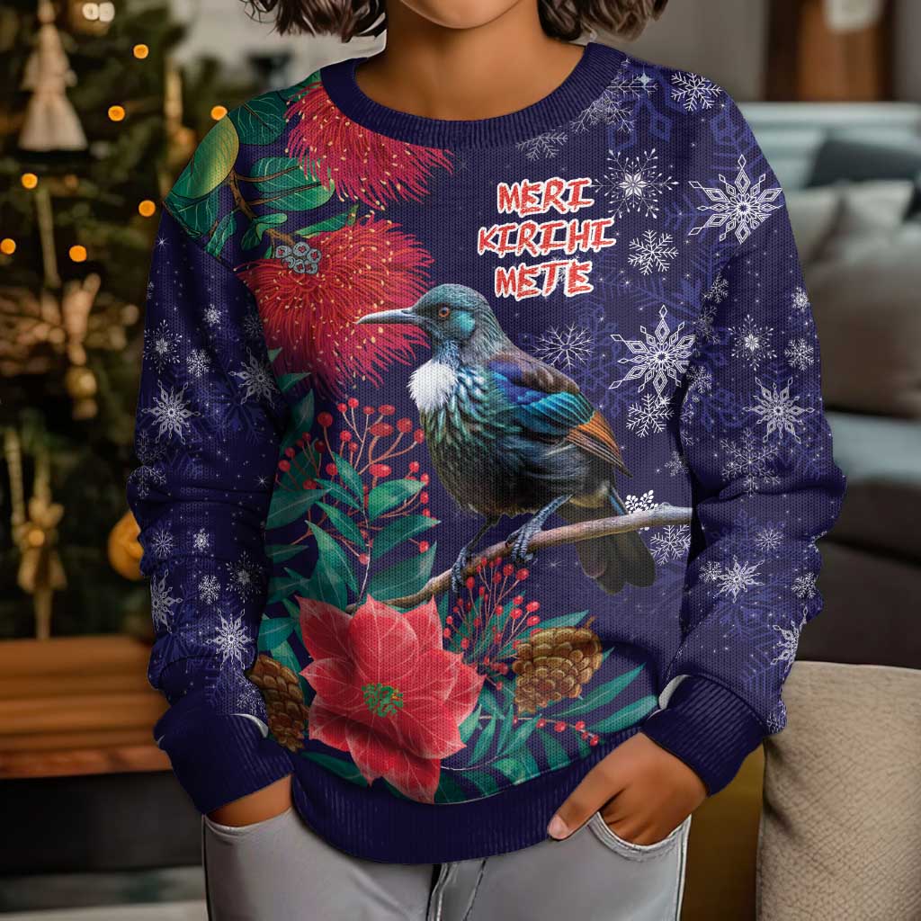 Tui Meri Kirihimete Personalised Kid Ugly Christmas Sweater Pohutukawa Flowers Blue Motif - Vibe Hoodie