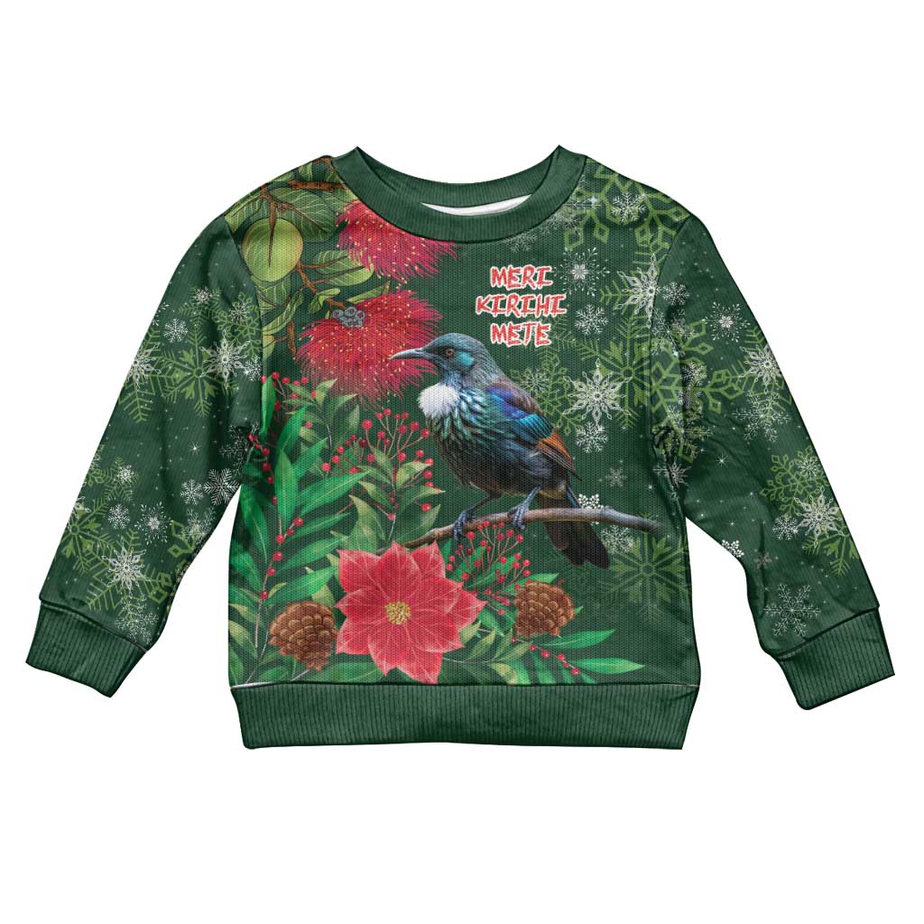 Tui Meri Kirihimete Personalised Kid Ugly Christmas Sweater Pohutukawa Flowers Green Motif - Vibe Hoodie