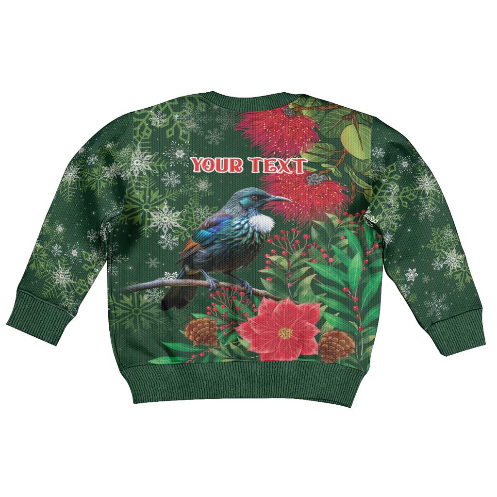 Tui Meri Kirihimete Personalised Kid Ugly Christmas Sweater Pohutukawa Flowers Green Motif - Vibe Hoodie