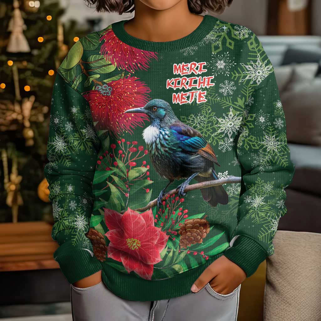 Tui Meri Kirihimete Personalised Kid Ugly Christmas Sweater Pohutukawa Flowers Green Motif - Vibe Hoodie