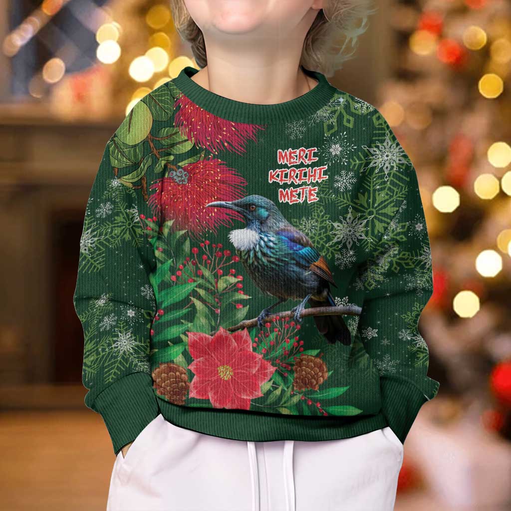 Tui Meri Kirihimete Personalised Kid Ugly Christmas Sweater Pohutukawa Flowers Green Motif - Vibe Hoodie