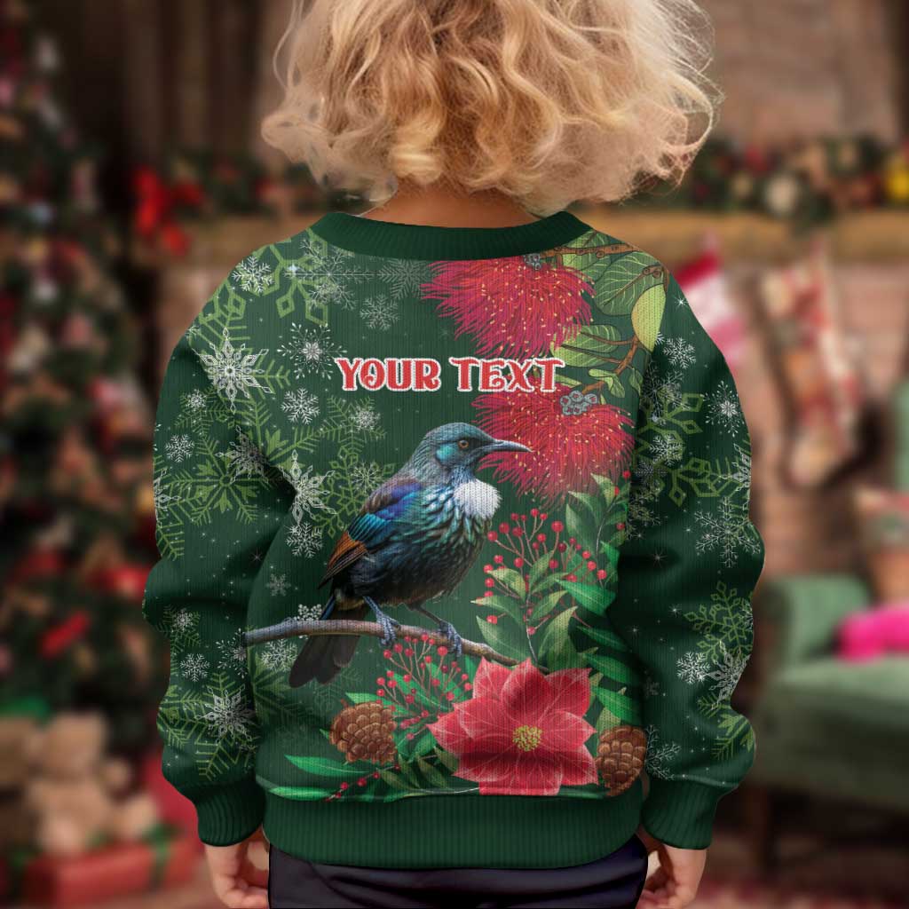 Tui Meri Kirihimete Personalised Kid Ugly Christmas Sweater Pohutukawa Flowers Green Motif - Vibe Hoodie