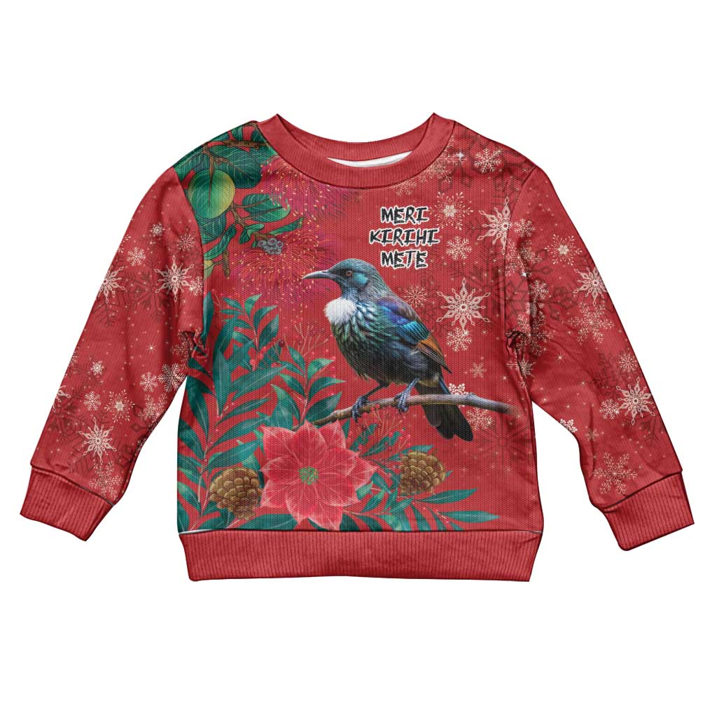Tui Meri Kirihimete Personalised Kid Ugly Christmas Sweater Pohutukawa Flowers Red Motif - Vibe Hoodie
