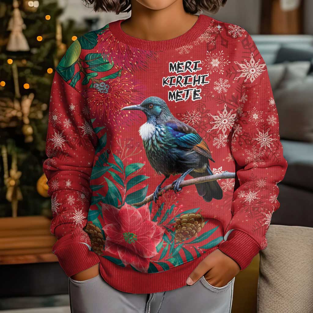 Tui Meri Kirihimete Personalised Kid Ugly Christmas Sweater Pohutukawa Flowers Red Motif - Vibe Hoodie