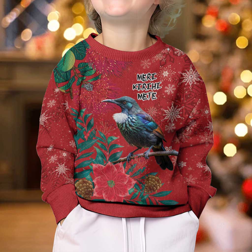 Tui Meri Kirihimete Personalised Kid Ugly Christmas Sweater Pohutukawa Flowers Red Motif - Vibe Hoodie