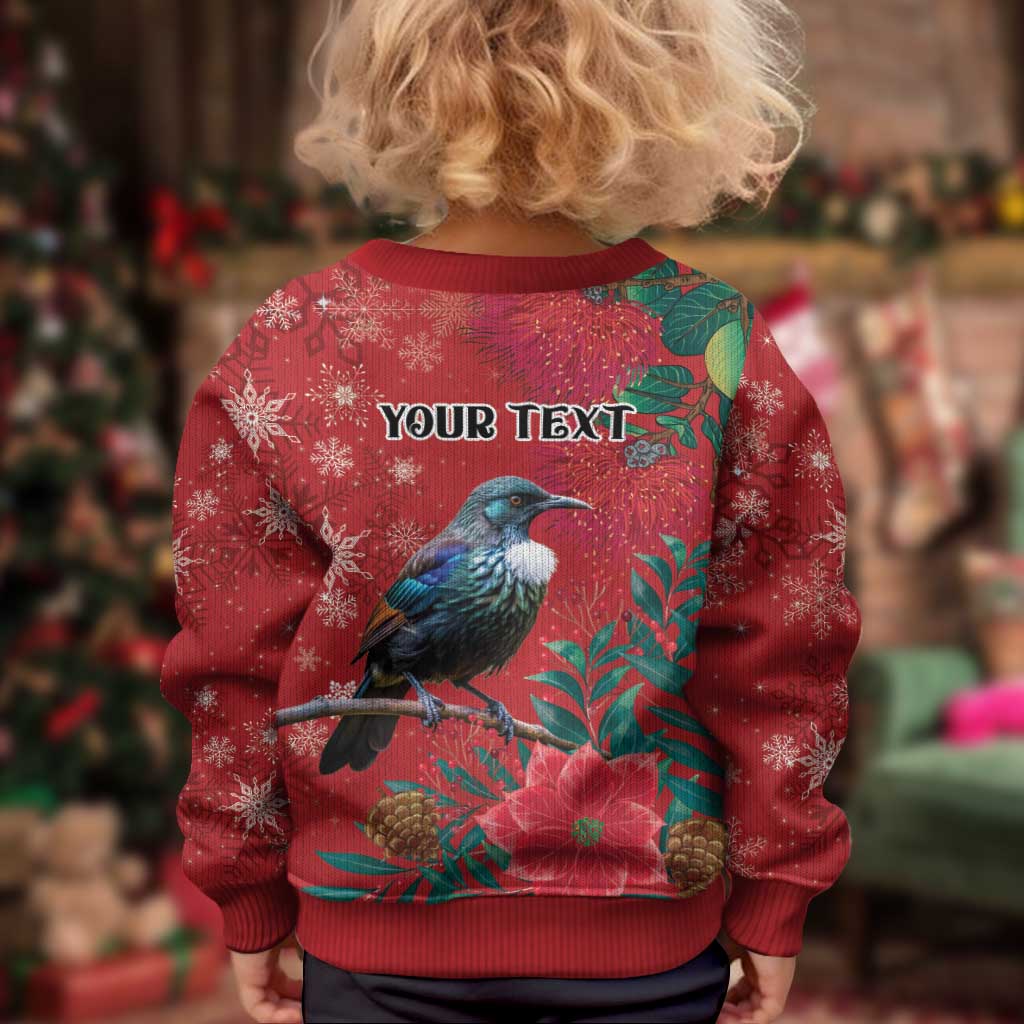 Tui Meri Kirihimete Personalised Kid Ugly Christmas Sweater Pohutukawa Flowers Red Motif - Vibe Hoodie