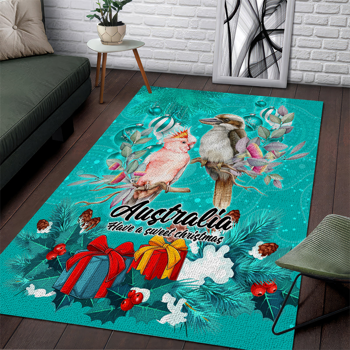 Kookaburra and Cockatoo Area Rug Australia Merry Christmas Aboriginal Teal Style - Vibe Hoodie Shop