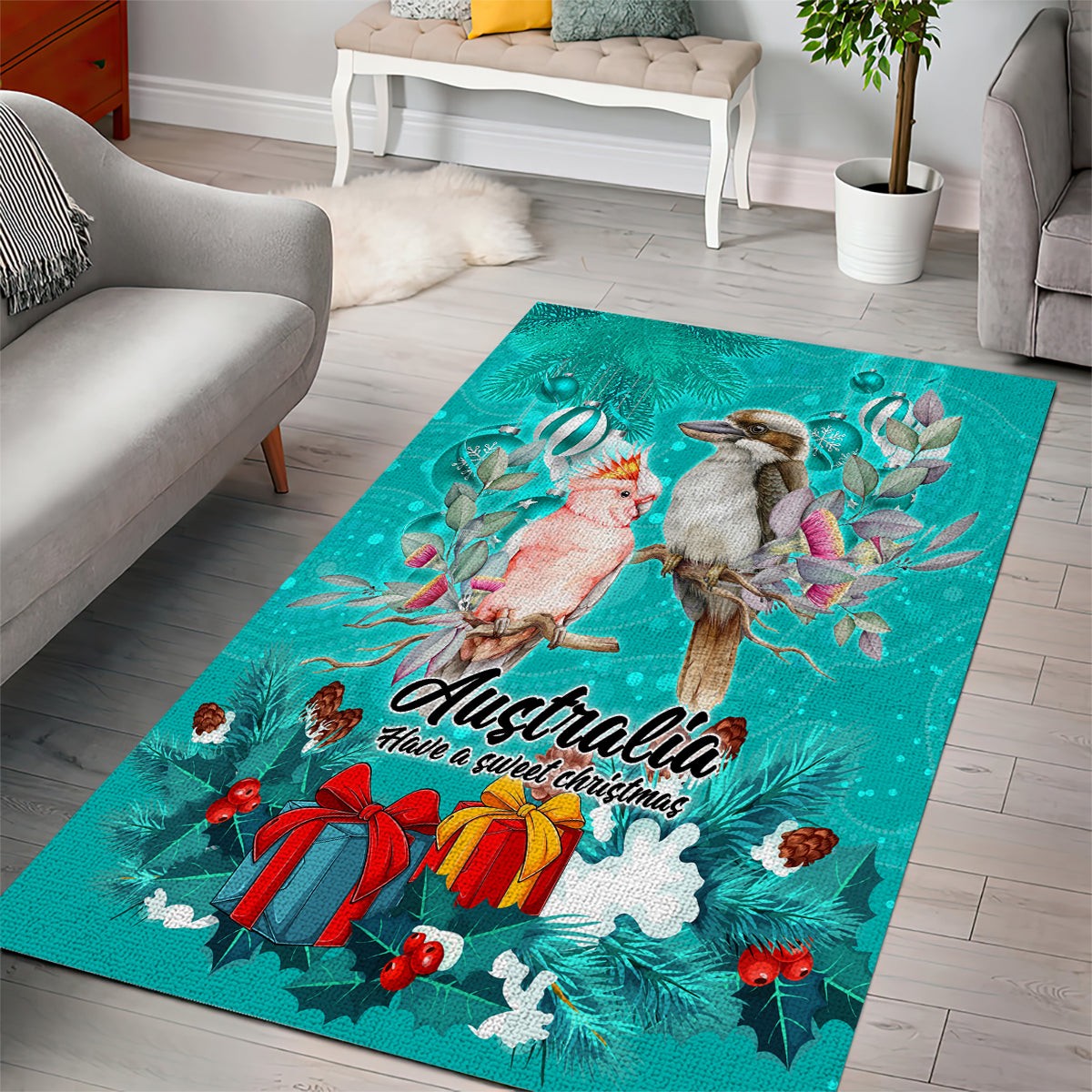 Kookaburra and Cockatoo Area Rug Australia Merry Christmas Aboriginal Teal Style - Vibe Hoodie Shop