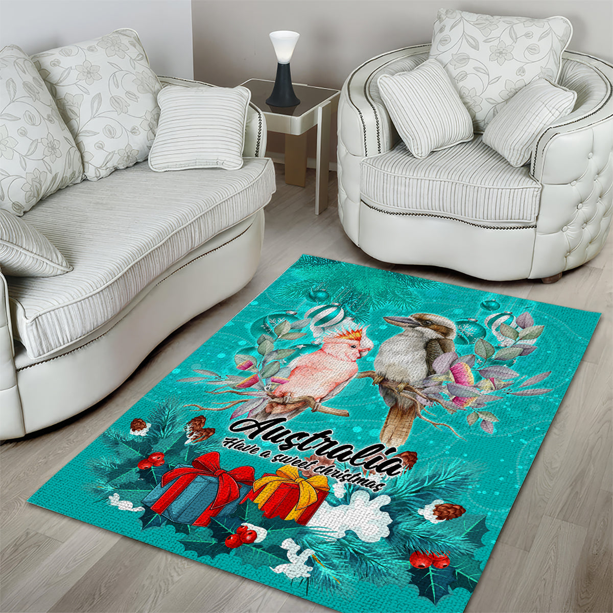 Kookaburra and Cockatoo Area Rug Australia Merry Christmas Aboriginal Teal Style - Vibe Hoodie Shop