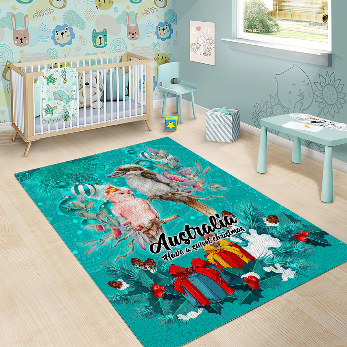 Kookaburra and Cockatoo Area Rug Australia Merry Christmas Aboriginal Teal Style - Vibe Hoodie Shop