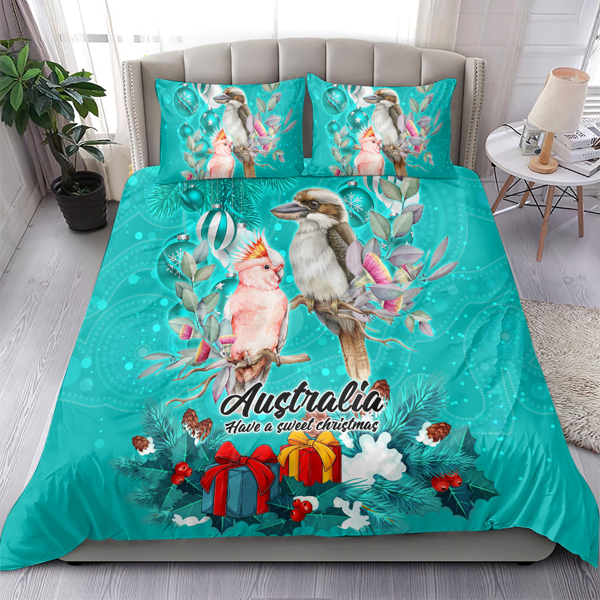 Kookaburra and Cockatoo Bedding Set Australia Merry Christmas Aboriginal Teal Style - Vibe Hoodie Shop