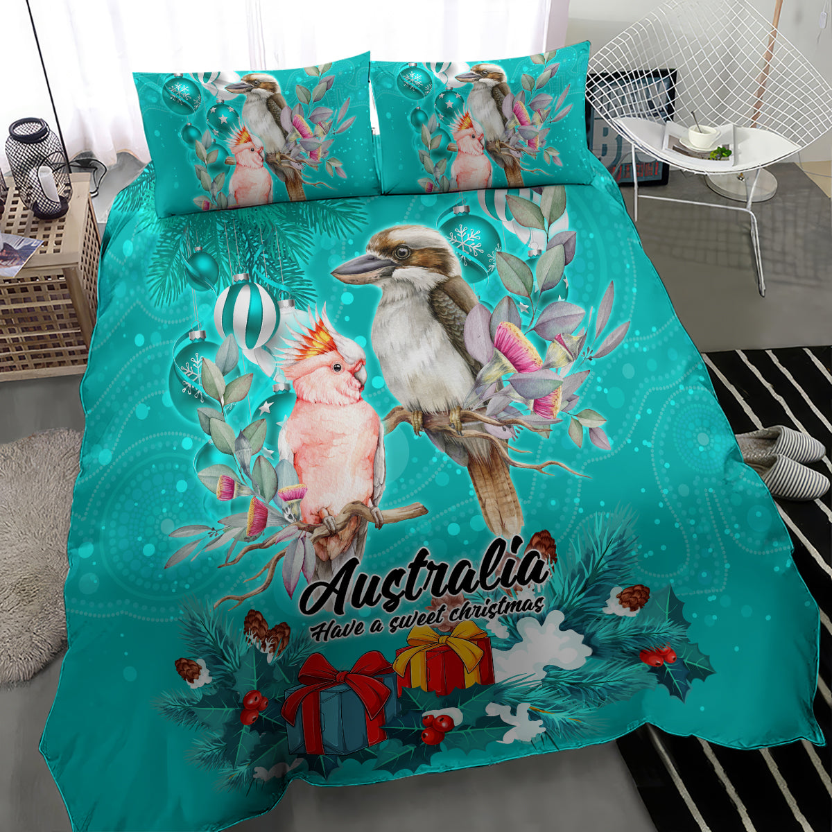 Kookaburra and Cockatoo Bedding Set Australia Merry Christmas Aboriginal Teal Style - Vibe Hoodie Shop